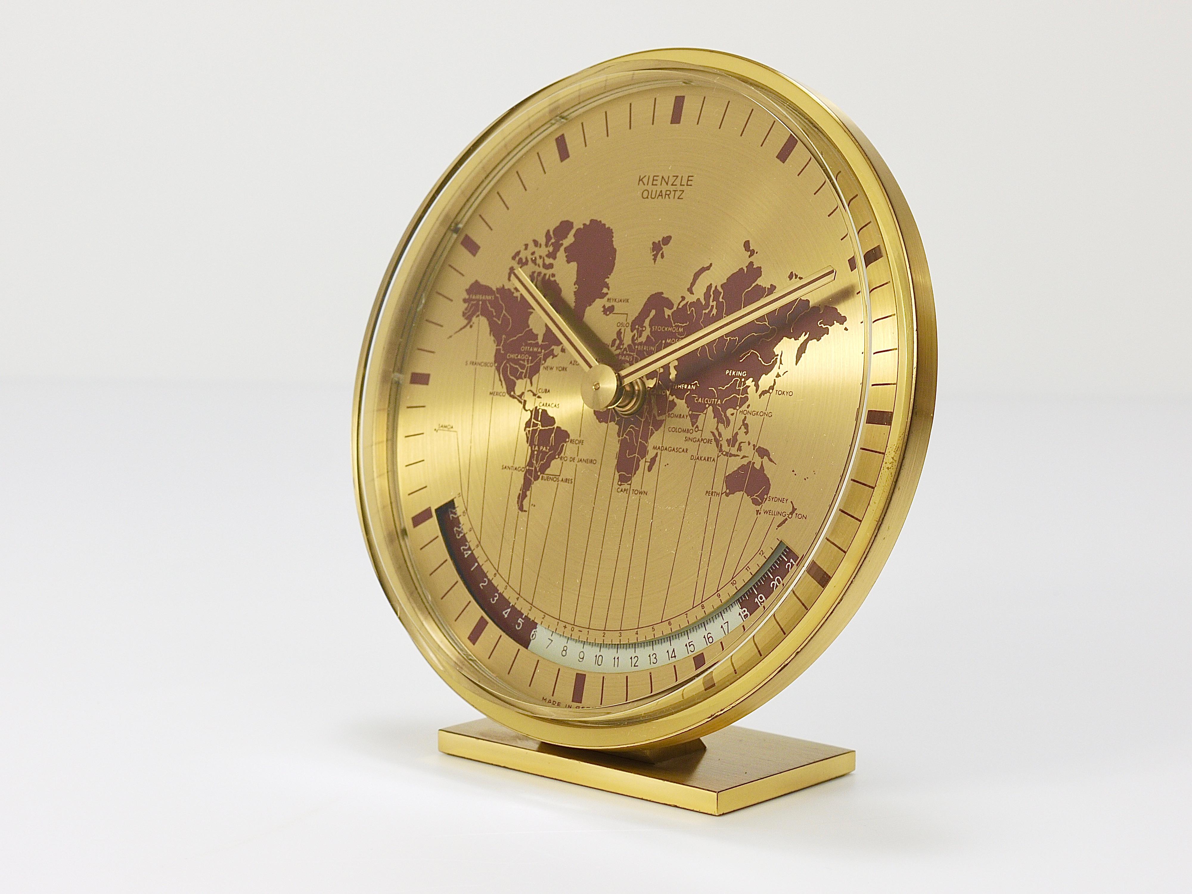 Unused Boxed Kienzle GMT World Time Zone Brass Table  Desk Clock, Germany, 1960s For Sale 1