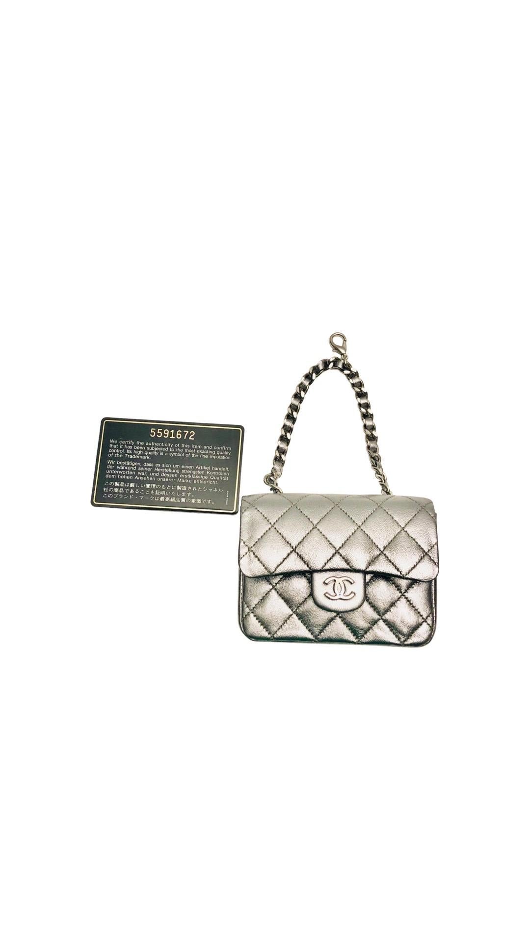 Unused Chanel Silver Metallic Leather Micro Mini Chain Belt Bag For Sale 6