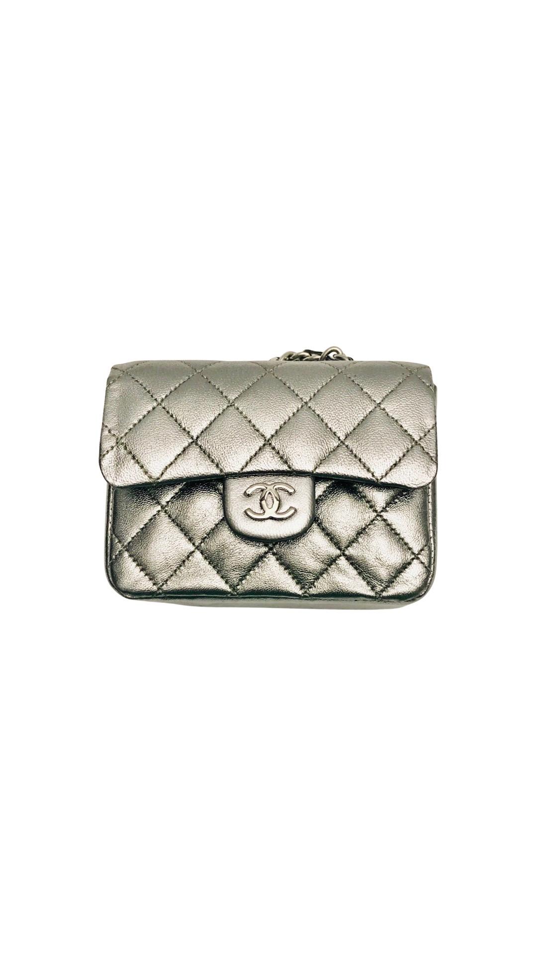 Brown Unused Chanel Silver Metallic Leather Micro Mini Chain Belt Bag For Sale