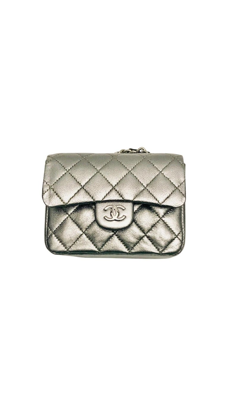 Unused Chanel Silver Metallic Leather Micro Mini Chain Belt Bag In New Condition For Sale In Sheung Wan, HK