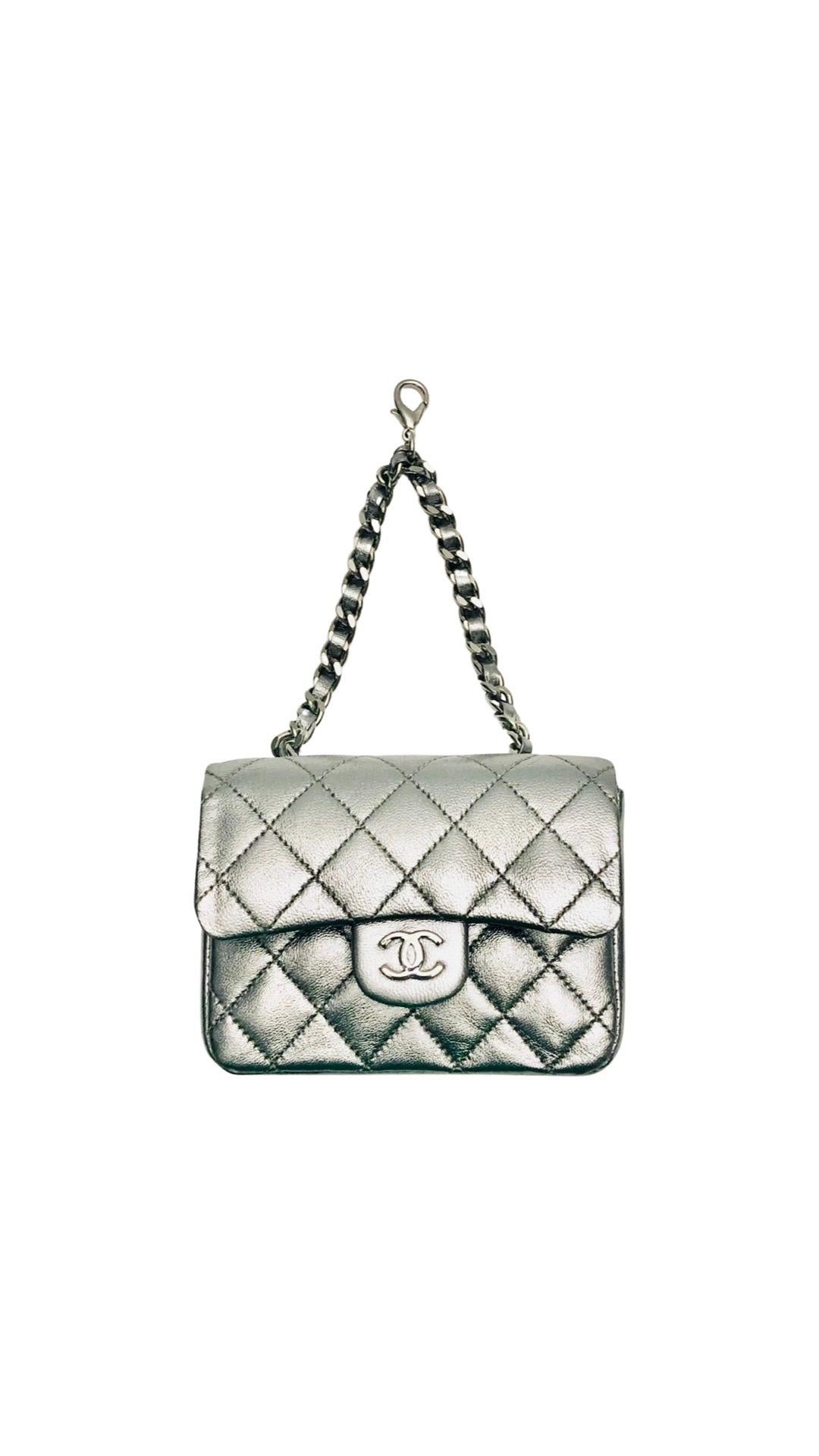 Unused Chanel Silver Metallic Leather Micro Mini Chain Belt Bag For Sale 2
