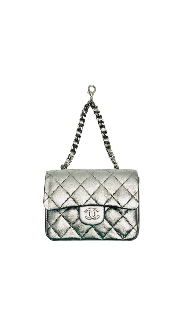 Unused Chanel Silver Metallic Leather Micro Mini Chain Belt Bag For Sale 3
