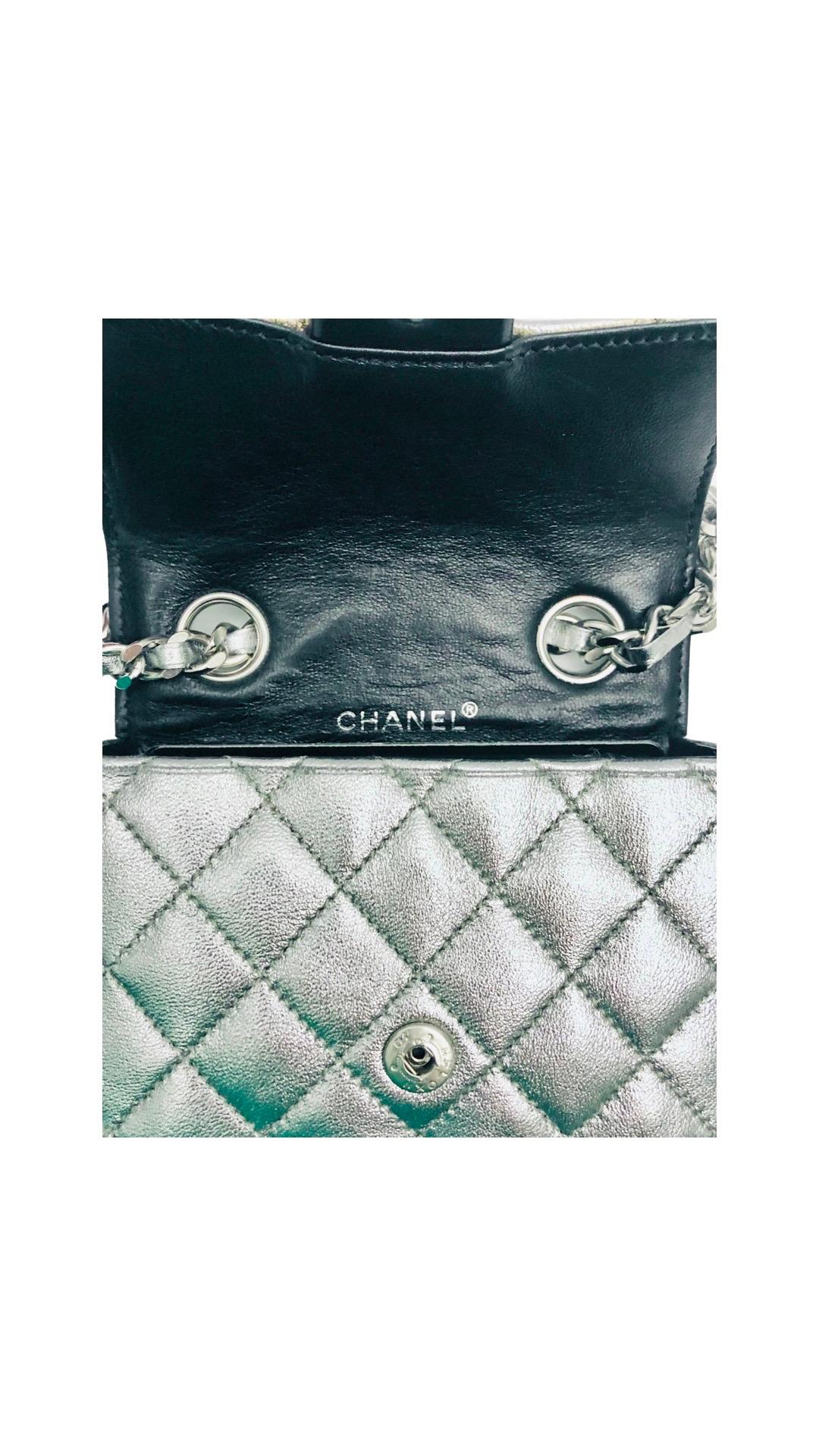 Unused Chanel Silver Metallic Leather Micro Mini Chain Belt Bag For Sale 3