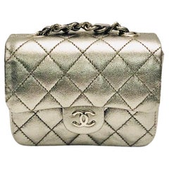 Unused Chanel Silver Metallic Leather Micro Mini Chain Belt Bag