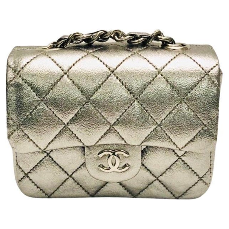 Unused Chanel Silver Metallic Leather Micro Mini Chain Belt Bag For Sale