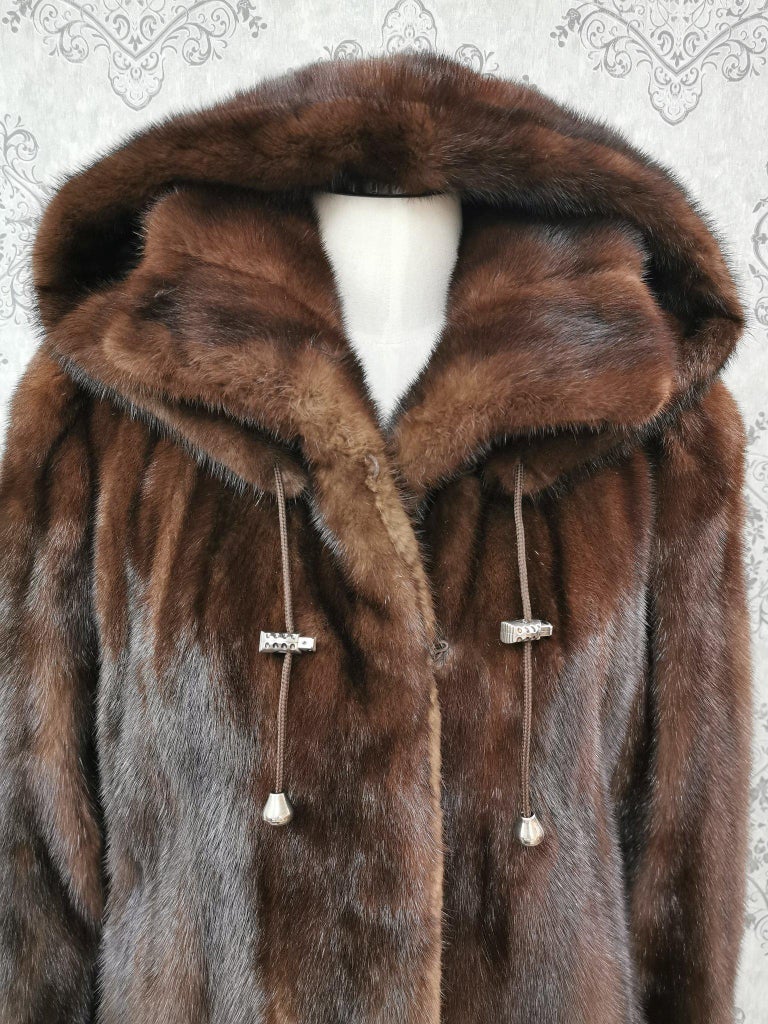 Unused demi buff mink fur coat with a hood size 10 For Sale at 1stDibs