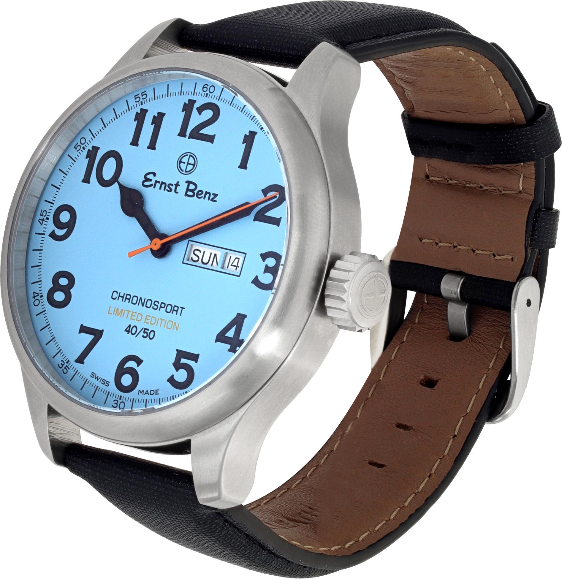 Ernst Benz Chronosport Racer Limited Edition with light blue dial in stainless steel. Auto w/ sweep seconds, date and day. 47 mm case size. Unused with box and papers. Ref GC10200/CR1. Fine Unused Ernst Benz Watch.

 Unused Classic Ernst Benz