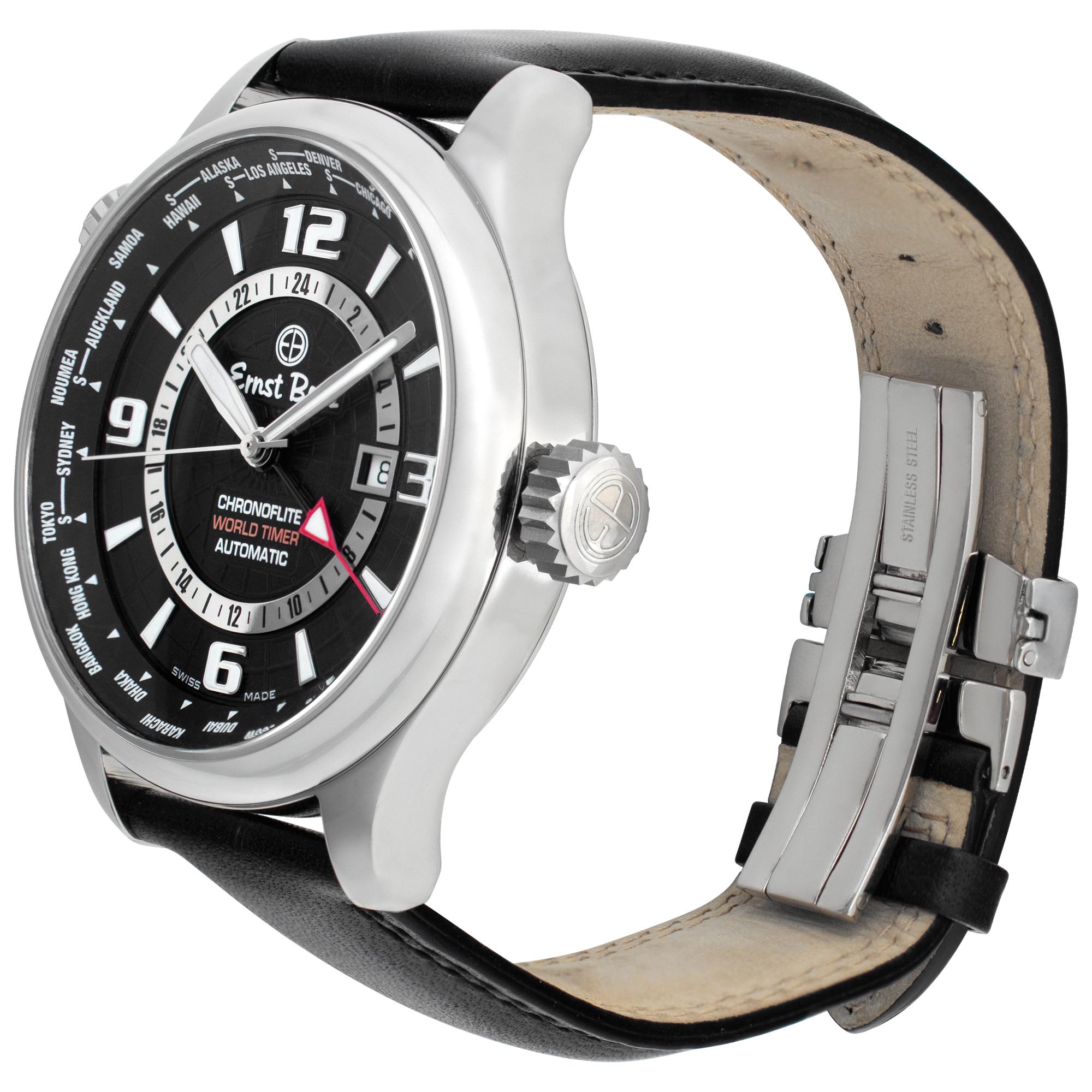 Ernst Benz ChronoFlite World-Timer watch in stainless steel on a black leather strap with deployant buckle. Auto w/ sweep seconds, date and world time. 47 mm case size. Unused with box and papers. Ref GC10851 Fine Unused Ernst Benz Watch.

 Unused