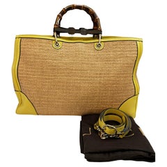 Unused GUCCI Raffia Bamboo Tote Bag Calfskin Leather Yellow Large