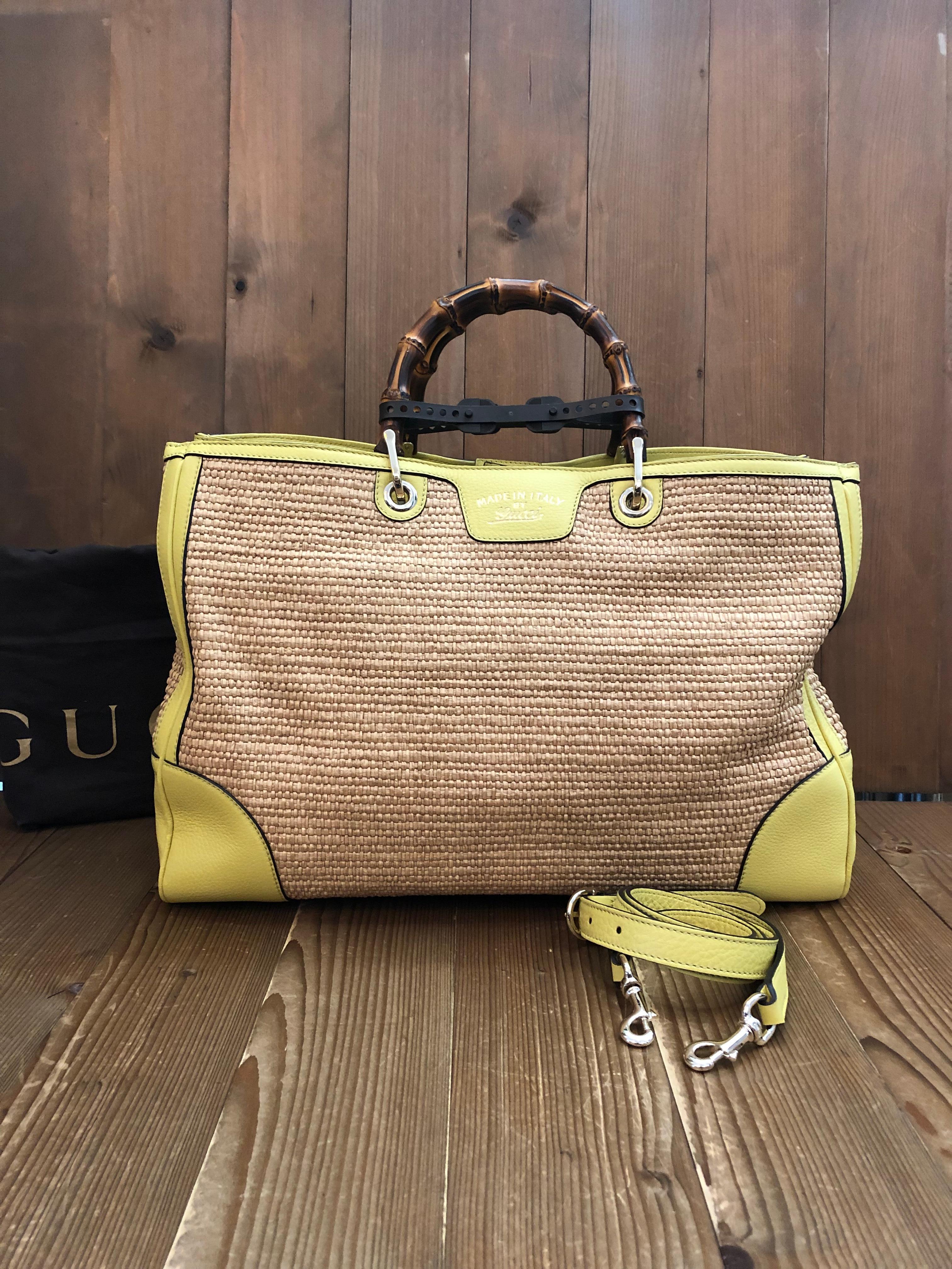 Unused GUCCI Raffia Bamboo Tote Bag Calfskin Leather Yellow Large In New Condition For Sale In Bangkok, TH
