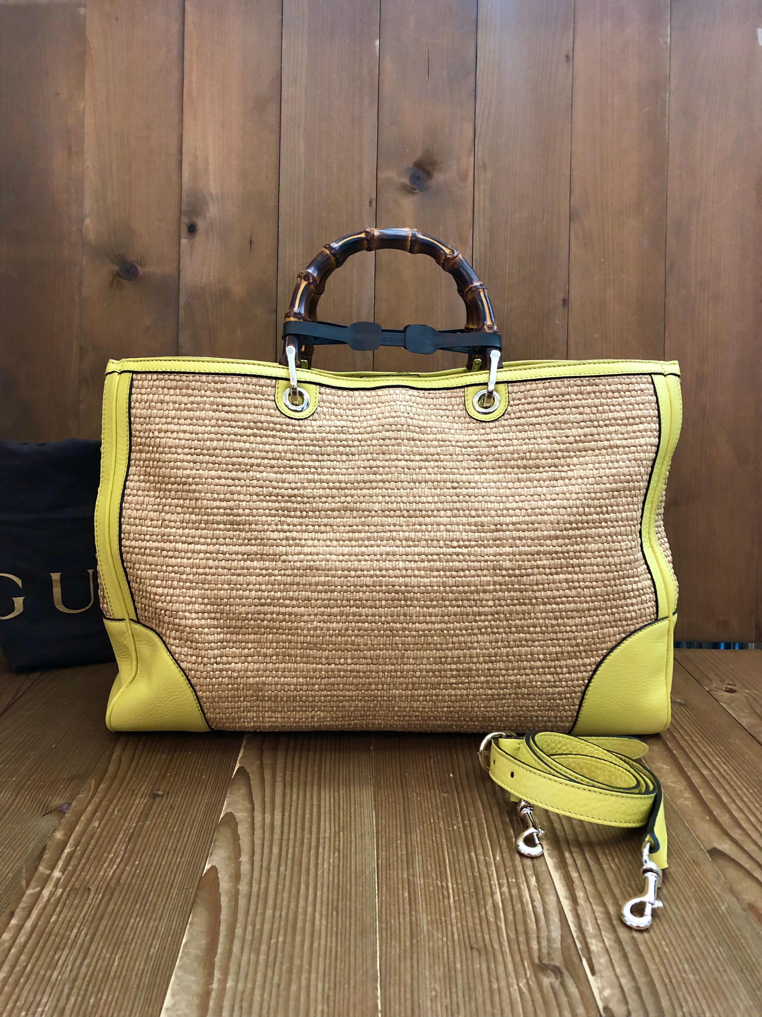 Women's or Men's Unused GUCCI Raffia Bamboo Tote Bag Calfskin Leather Yellow Large For Sale