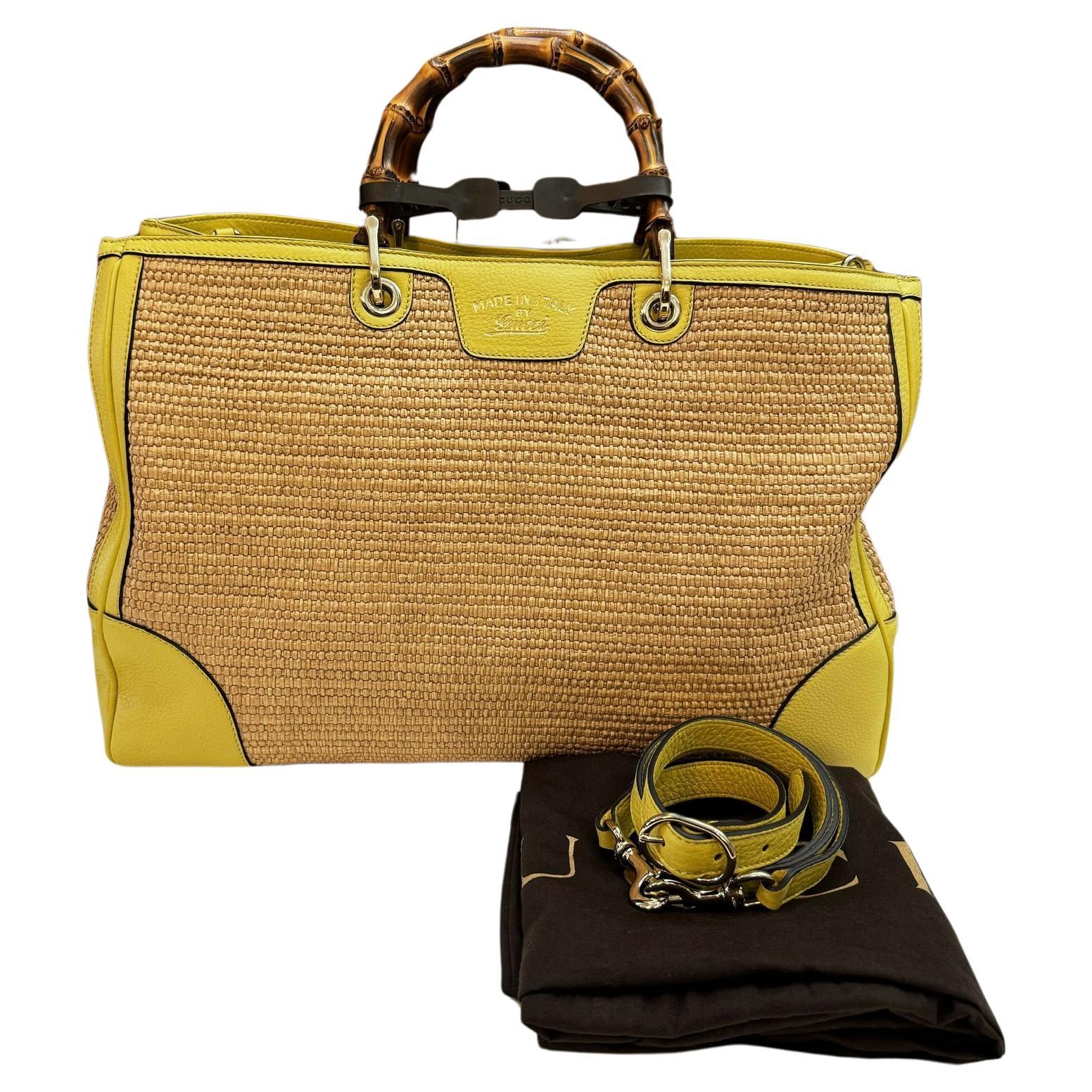Unused GUCCI Raffia Bamboo Tote Bag Calfskin Leather Yellow Large For Sale