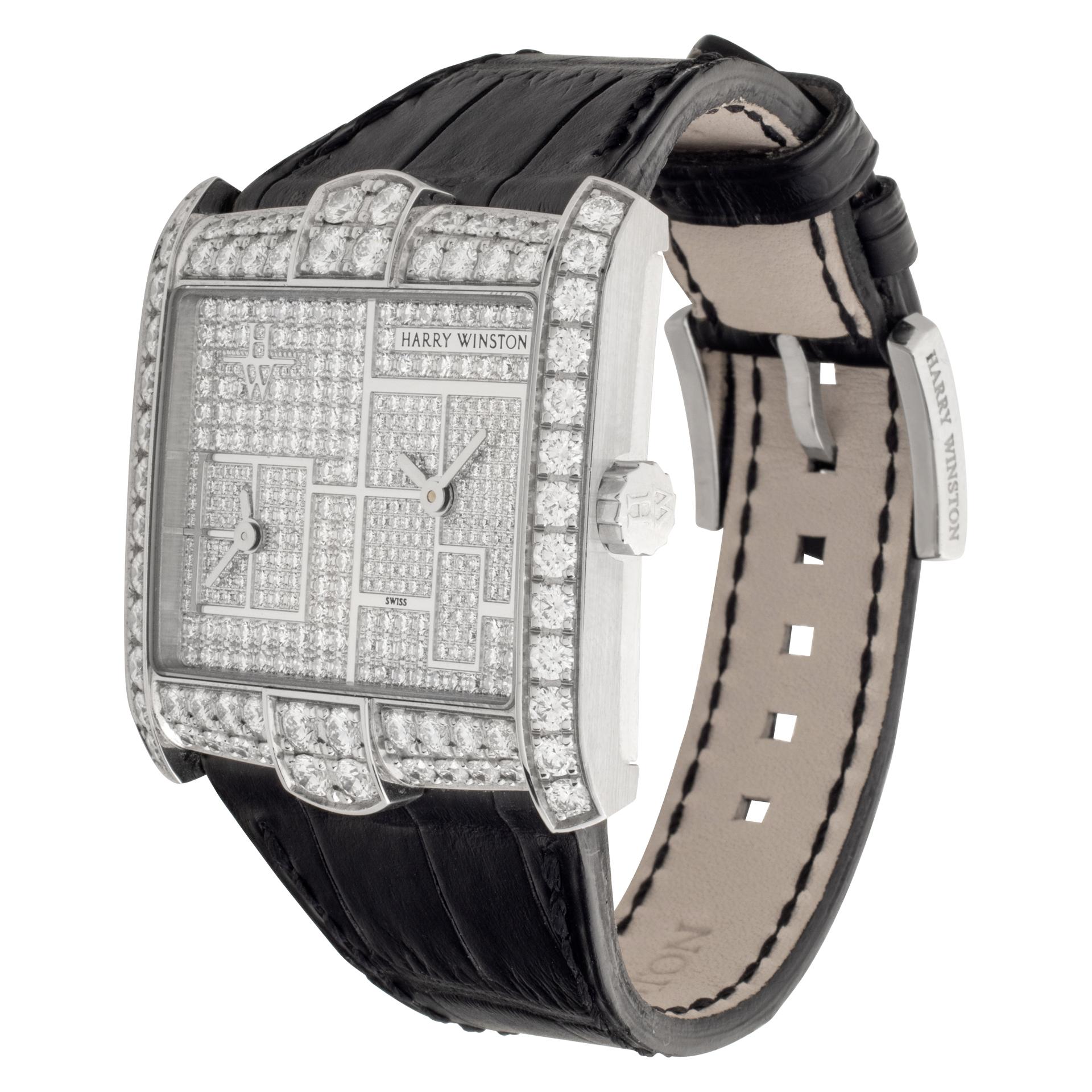 Harry Winston Avenue Squared A2 with full pave diamond dial in 18k white gold. Limited edition of only 20 pieces. Original diamond case and diamond tang buckle - approximately 7.7 carats in round brilliant cut diamonds. Black alligator strap. Quartz