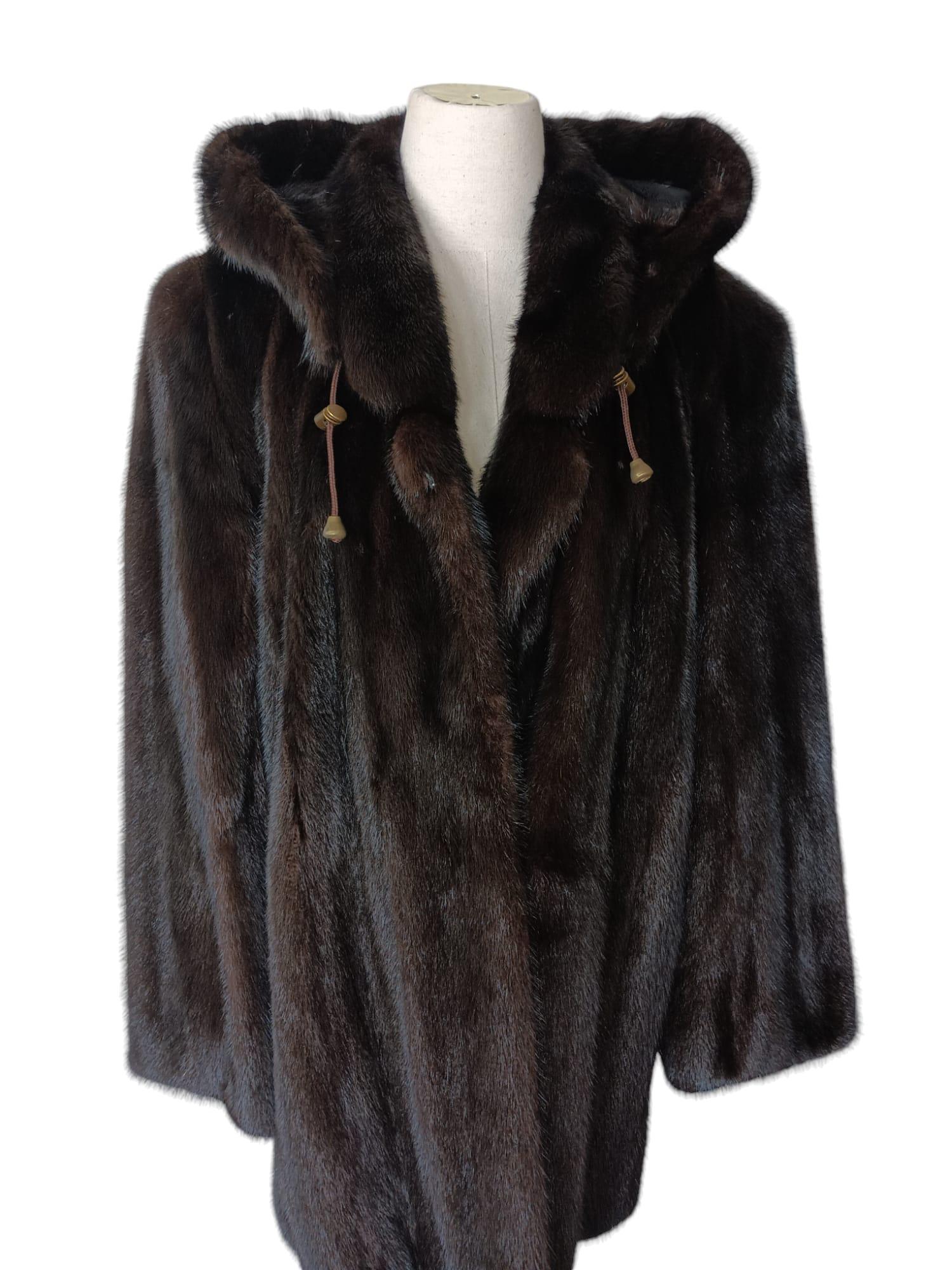 Black ***** mink fur coat with a hood size 12