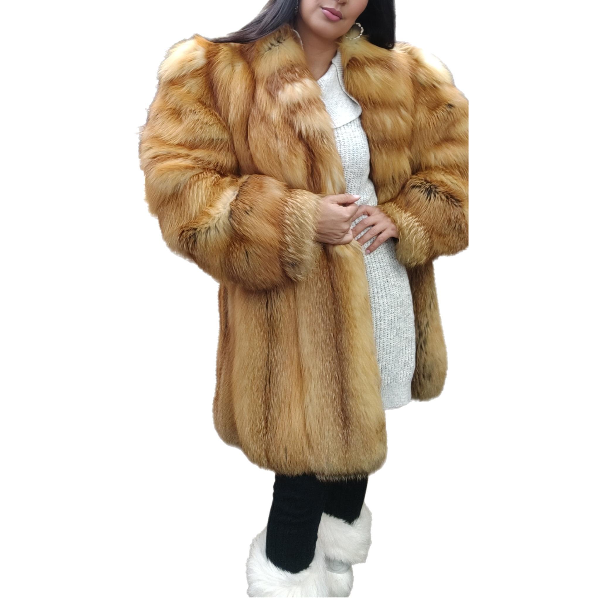 ~Vintage non utilisé manteau rouge en fourrure de renard manches bouffantes larges épaules (taille 12-14 - L)  en vente 1