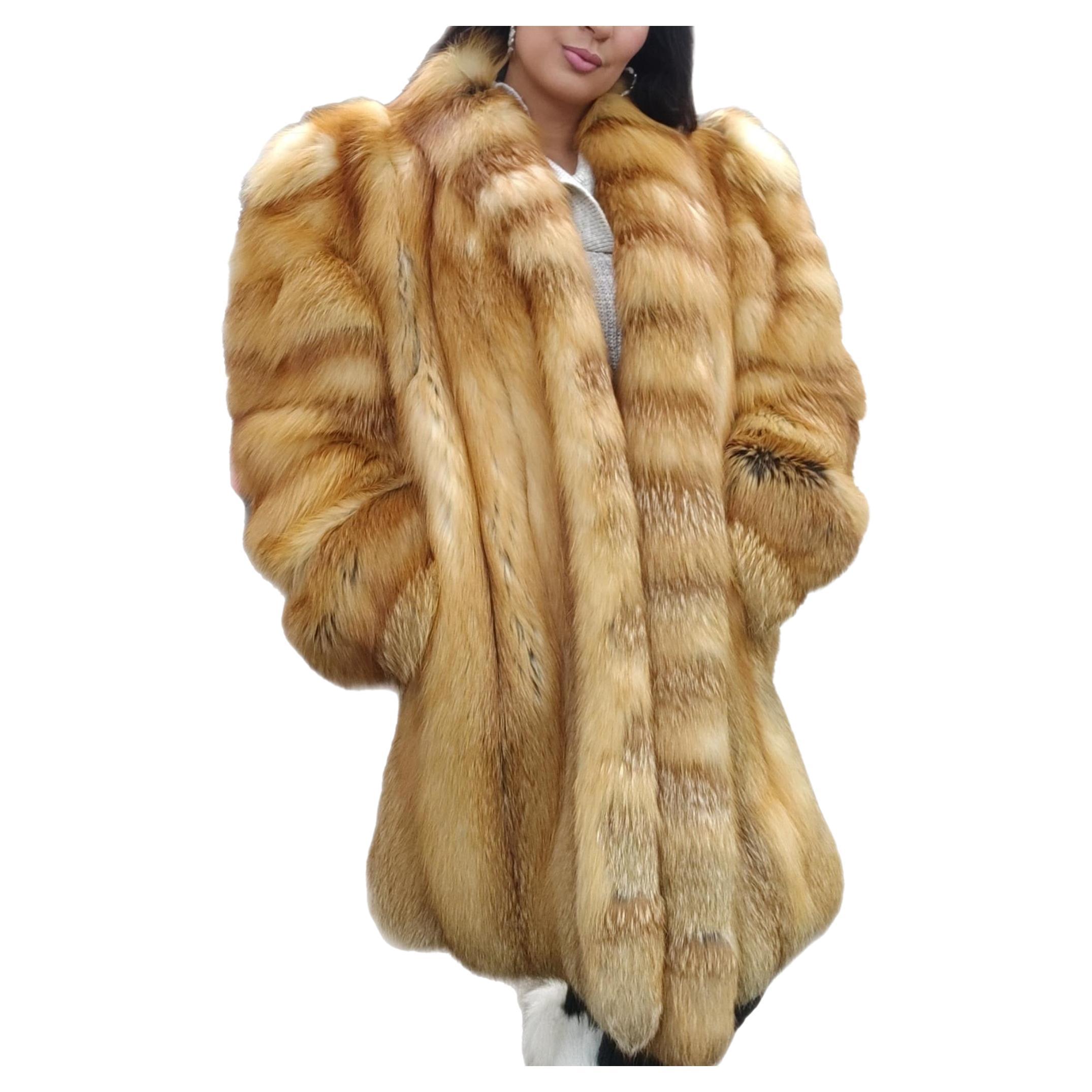 ~Vintage unused Red Fox Fur Coat puff sleeves large shoulders (Size 12-14 - L)  For Sale
