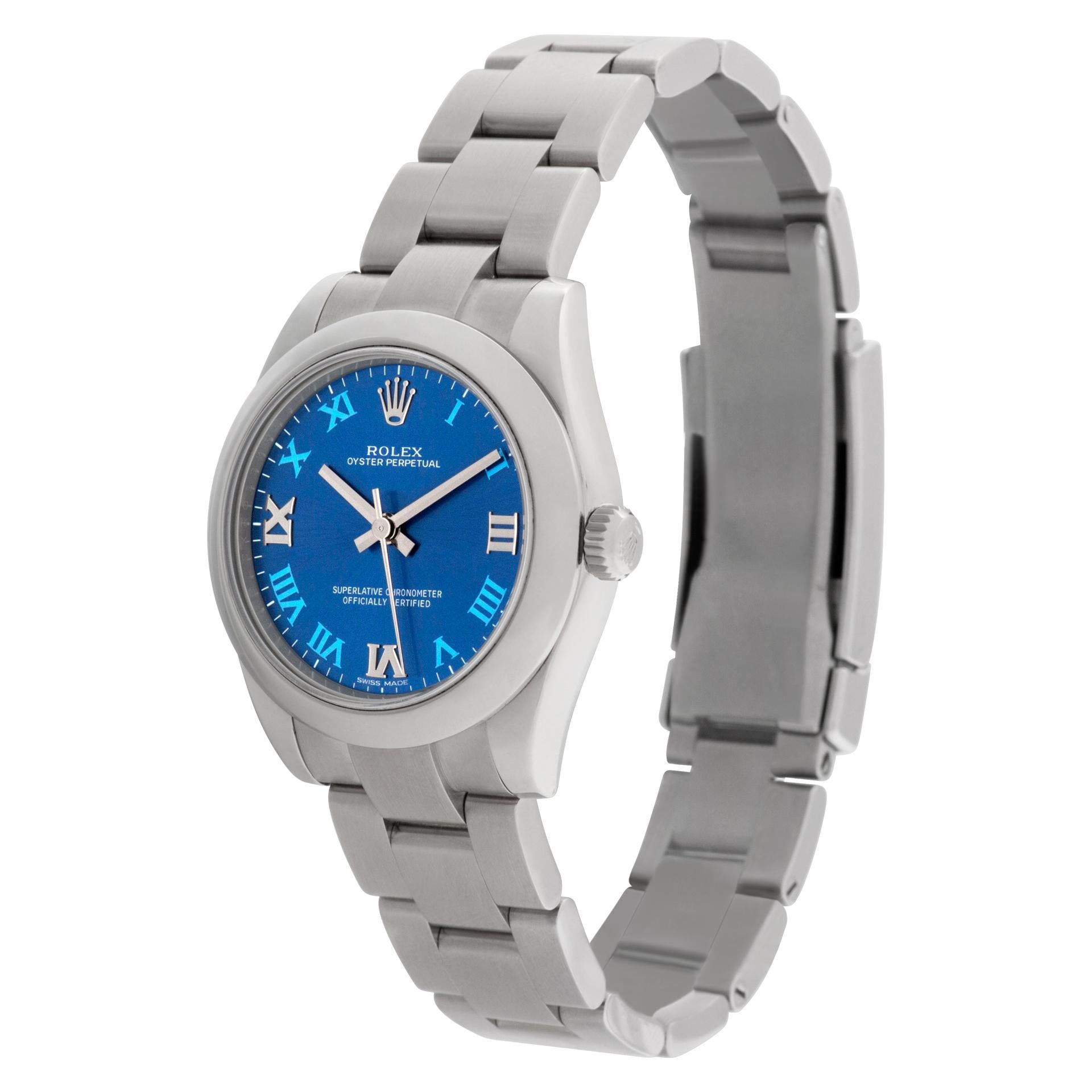 Rolex Oyster Perpetual with Azzurro blue Roman numeral dial in stainless steel. Auto w/ sweep seconds. 31 mm case size. Like-new with papers. Ref 177200. Circa 2015. **Bank Wire Only at this price** Fine Unused Rolex Watch.

 Unused Classic Rolex