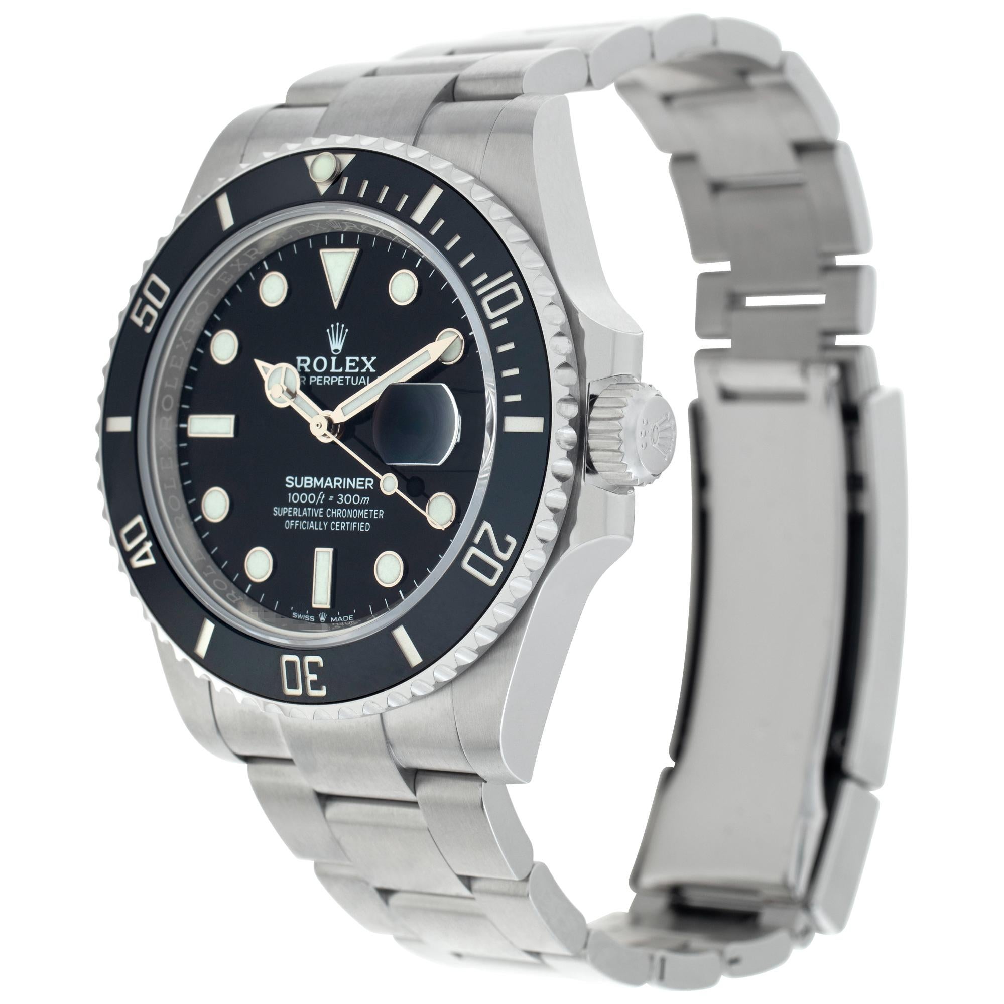 Unused Rolex Submariner in stainless steel with ceramic bezel. Auto w/ sweep seconds and date. 41 mm case size. Unused with box and papers dated May 2022. **Bank wire only at this price** Ref 126610ln. Fine Unused Rolex Watch. Unused Sport Rolex