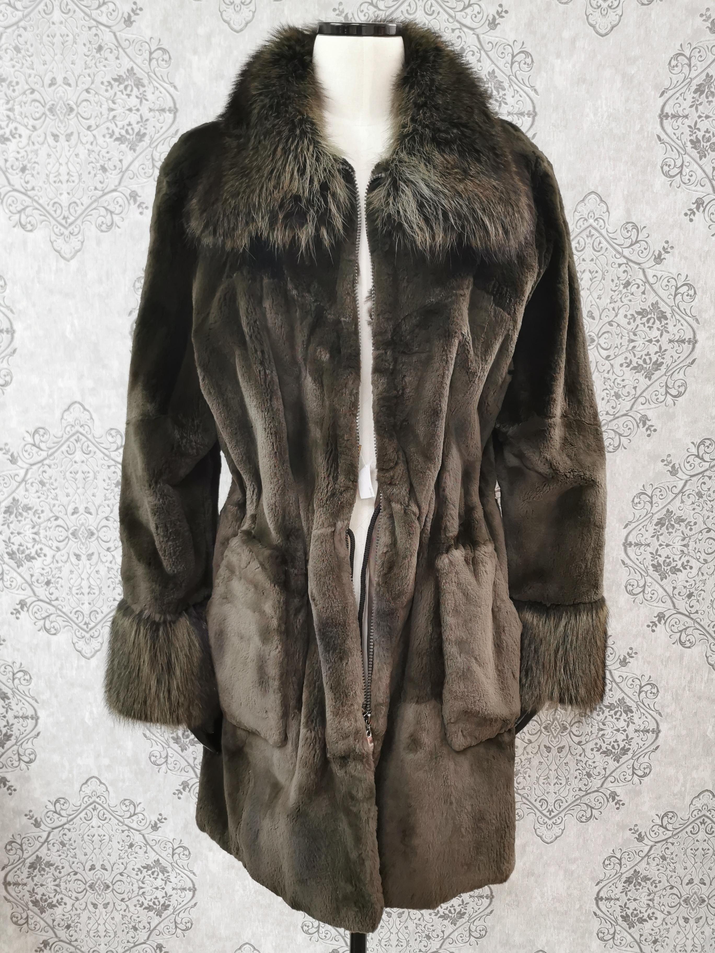 Unused green sheared raccoon coat with natural raccoon fur trim size 12 ...