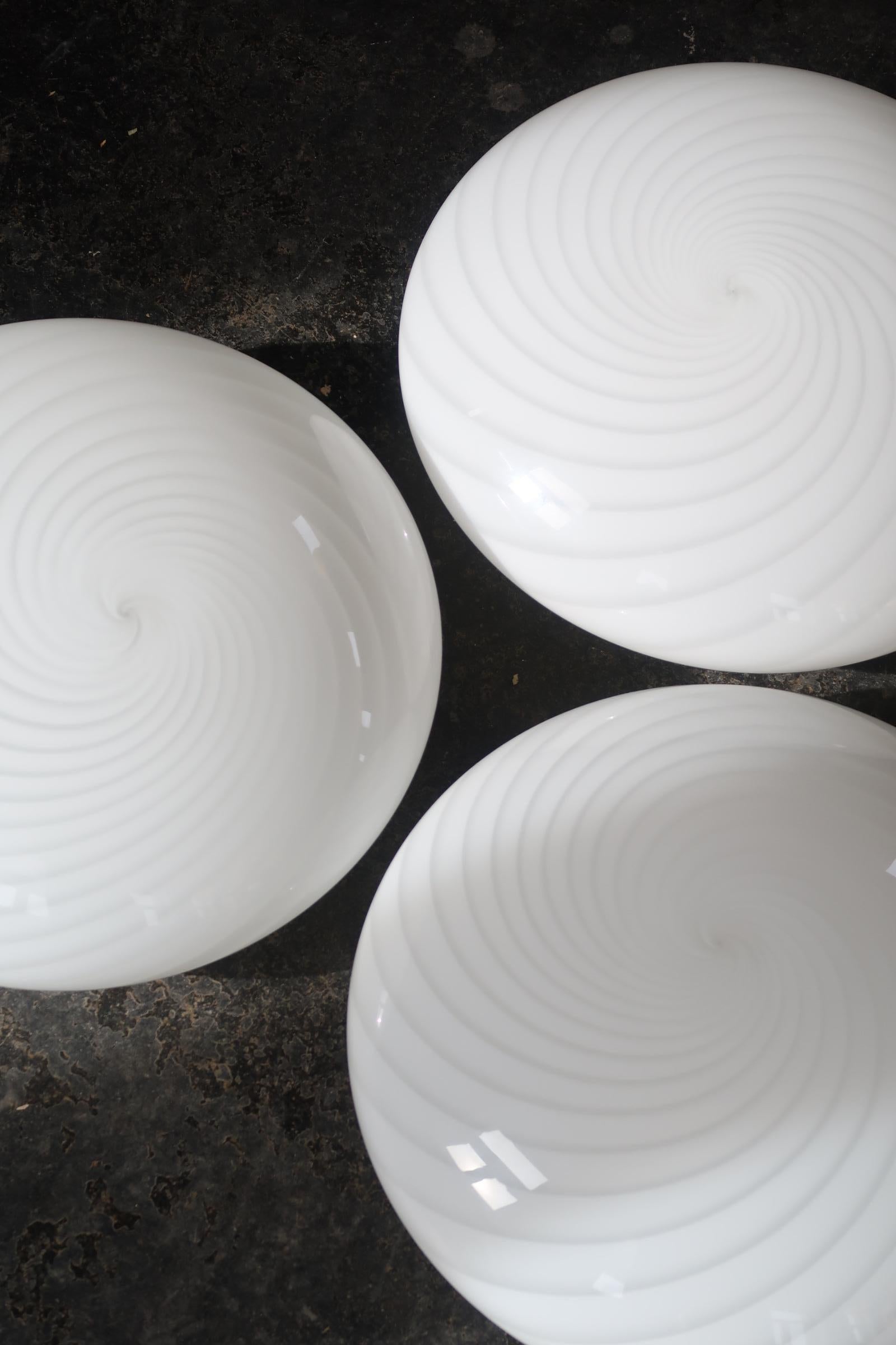 Murano Glass Unused vintage Murano 1970s Flush Mount Wall Ceiling Lamp in White Swirl Glass For Sale