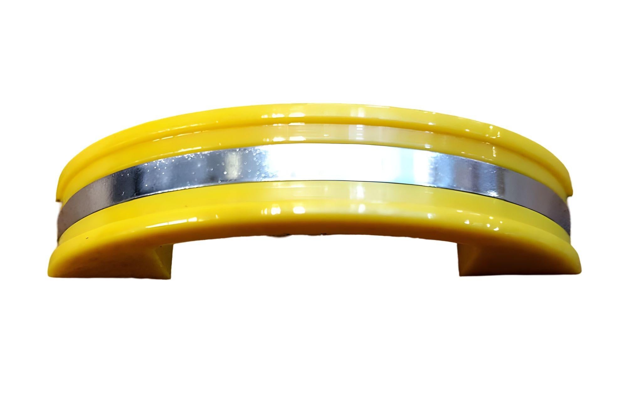 Mid-20th Century Unused Yellow Art Deco Bakelite Door/Drawer Pulls w/ Chrome Strip, Set of 19 For Sale
