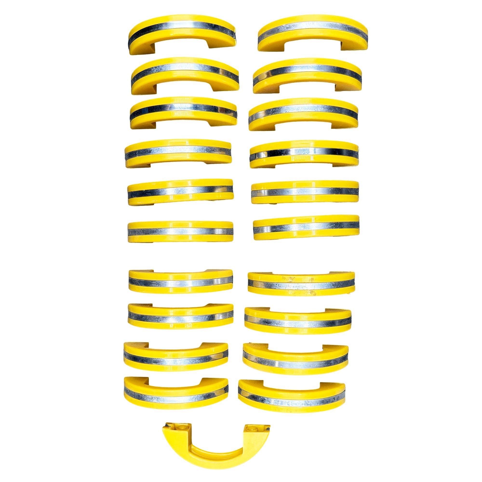Mid-20th Century Unused Yellow Art Deco Bakelite Door/Drawer Pulls w/ Chrome Strip, Set of 21 For Sale