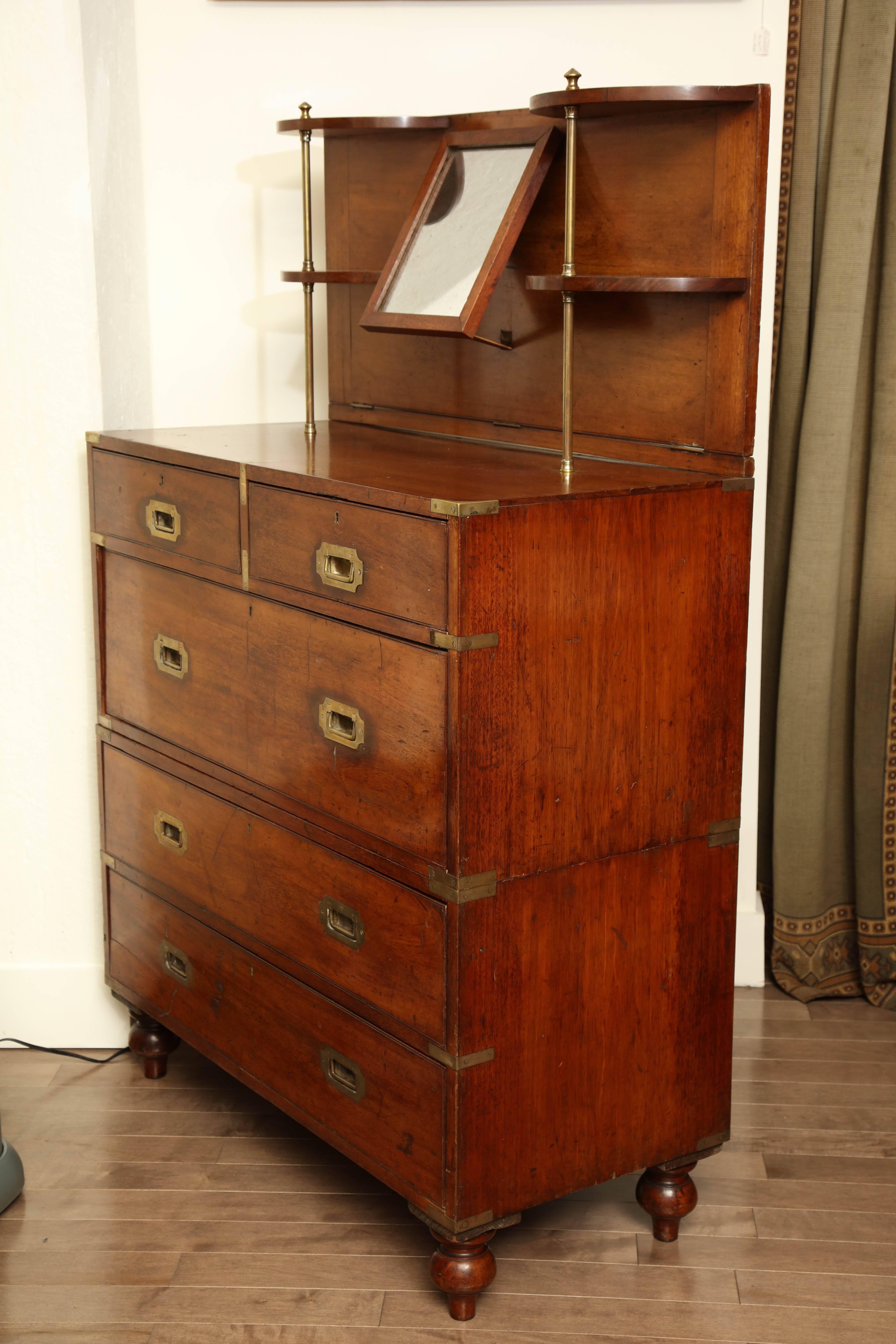 Unusual, 19th century English, mahogany campaign chest with folding super structure. Chest is in two pieces.