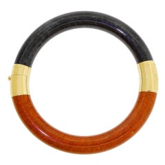 Unusual 14K Gold Black & Rust Jade Two-Tone Bangle Bracelet Hong Kong 7.50 Wrist