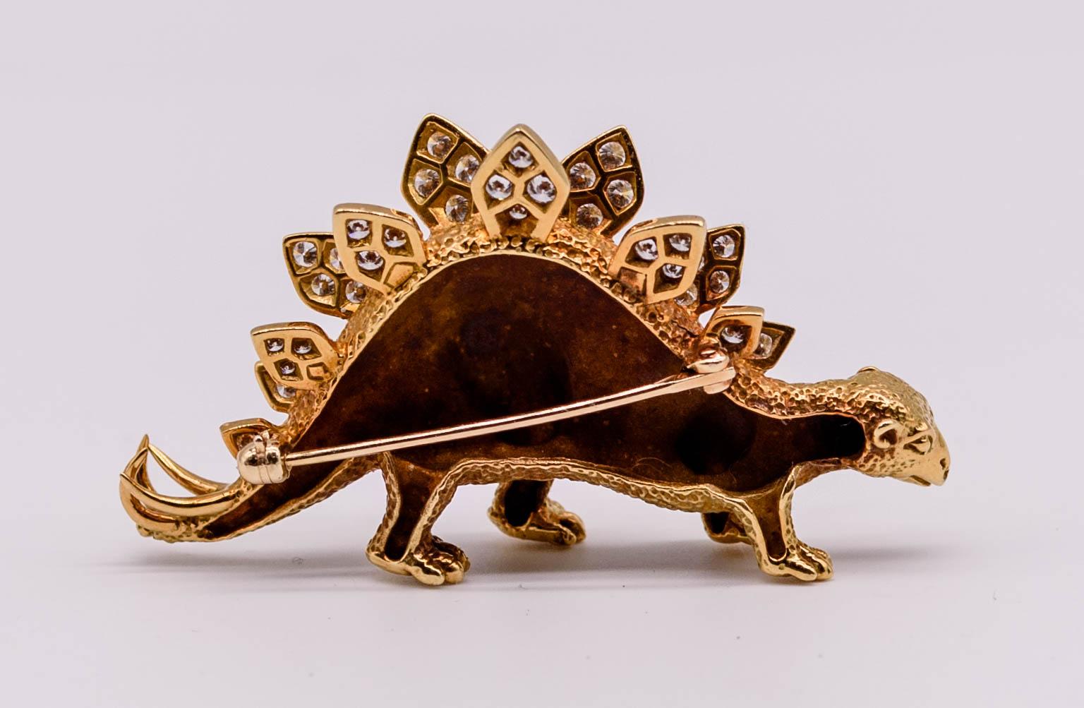 Round Cut Unusual 18 Karat Gold Diamond Stegosaurus Dinosaur Pin For Sale