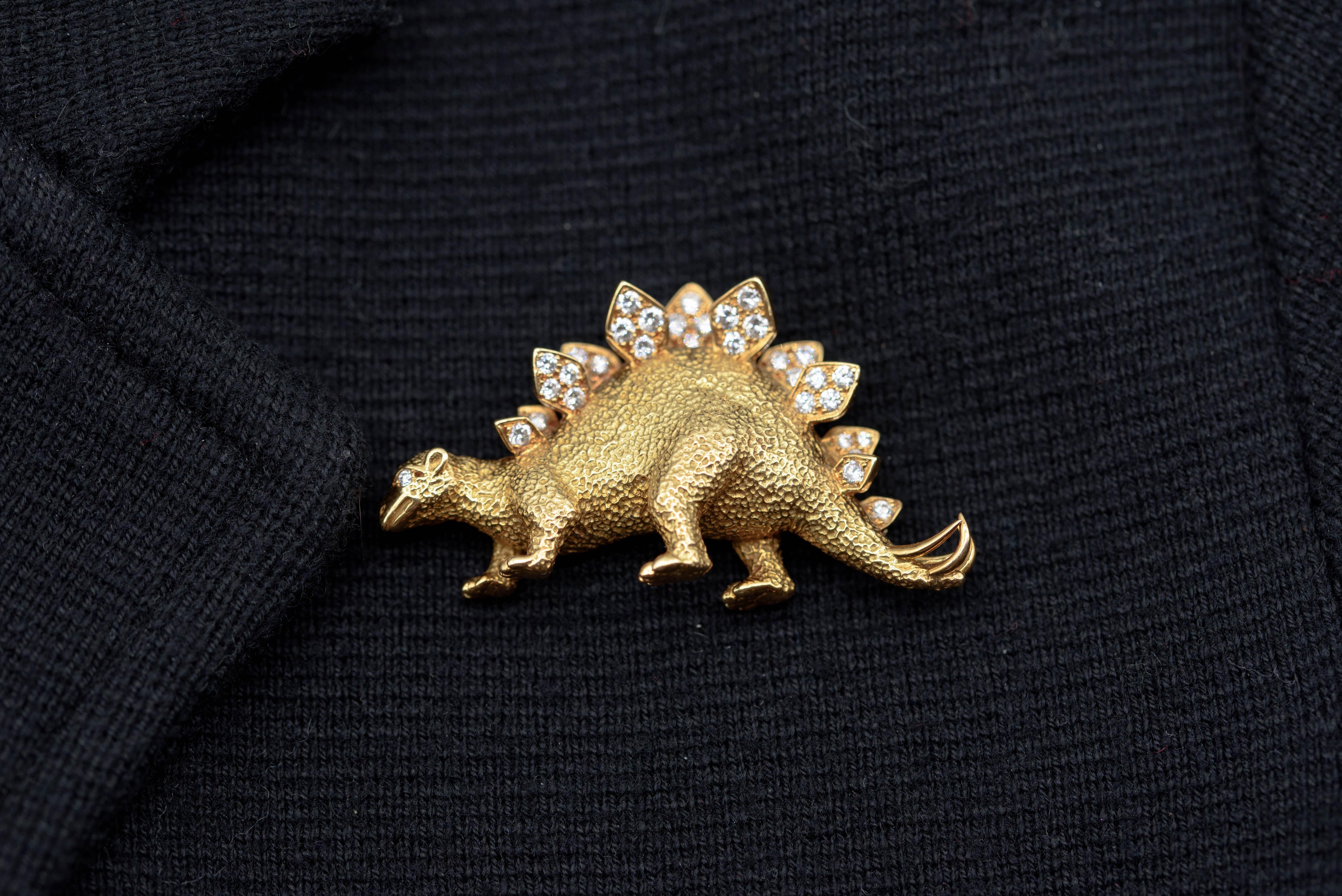 Men's Unusual 18 Karat Gold Diamond Stegosaurus Dinosaur Pin For Sale