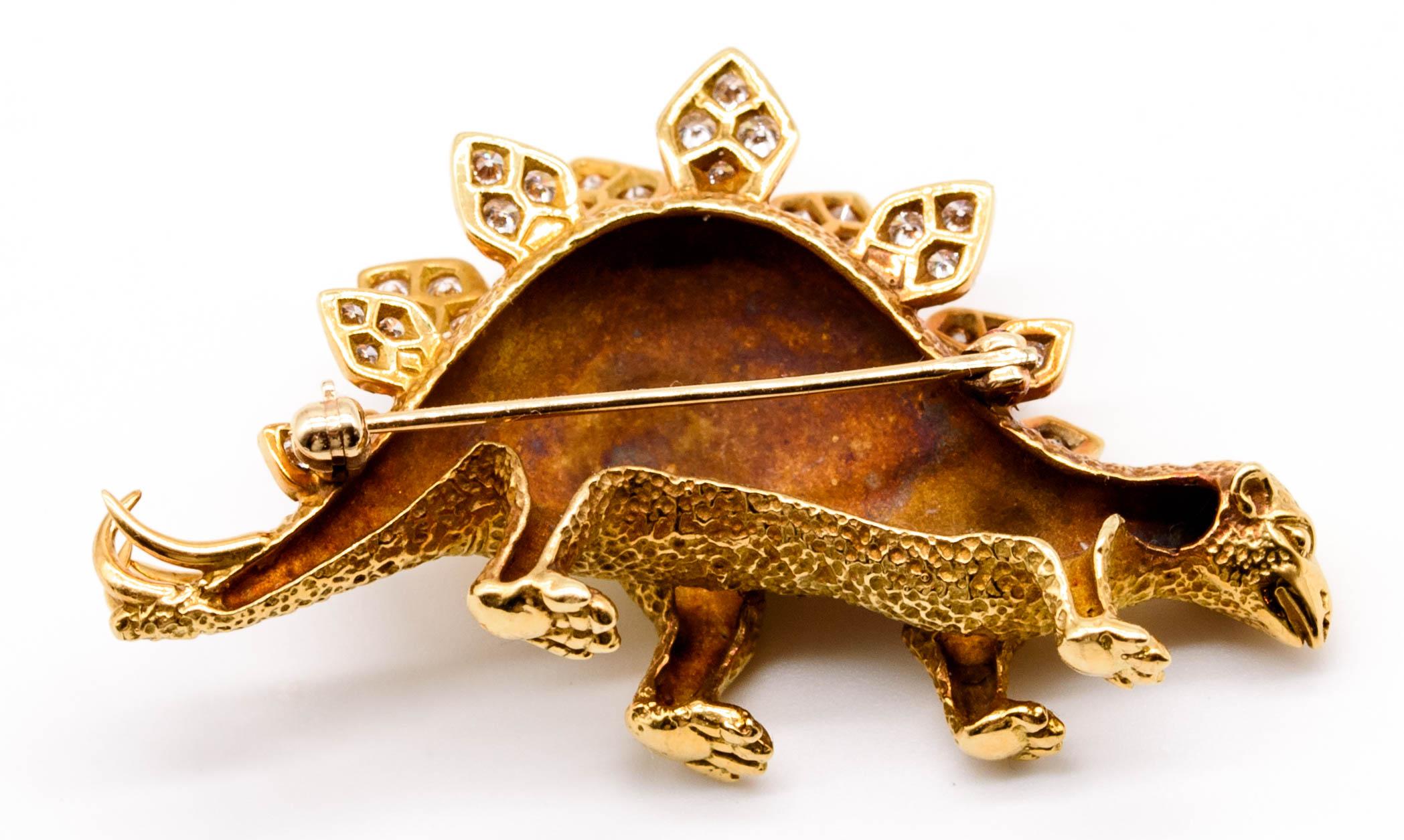 Unusual 18 Karat Gold Diamond Stegosaurus Dinosaur Pin For Sale 2
