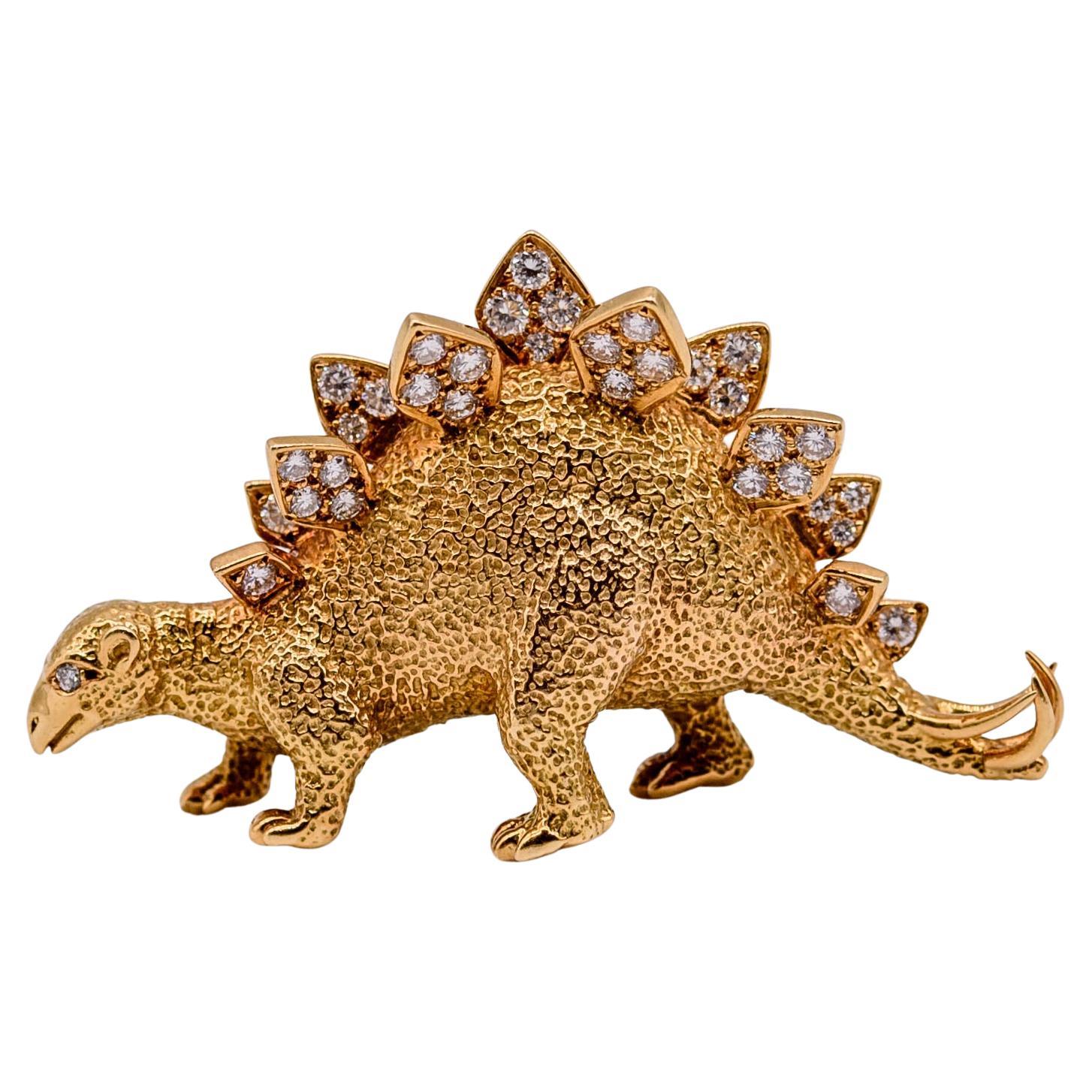 Unusual 18 Karat Gold Diamond Stegosaurus Dinosaur Pin For Sale