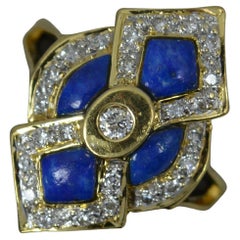 Vintage Unusual 18ct Gold Lapis Lazuli and Diamond Cluster Ring