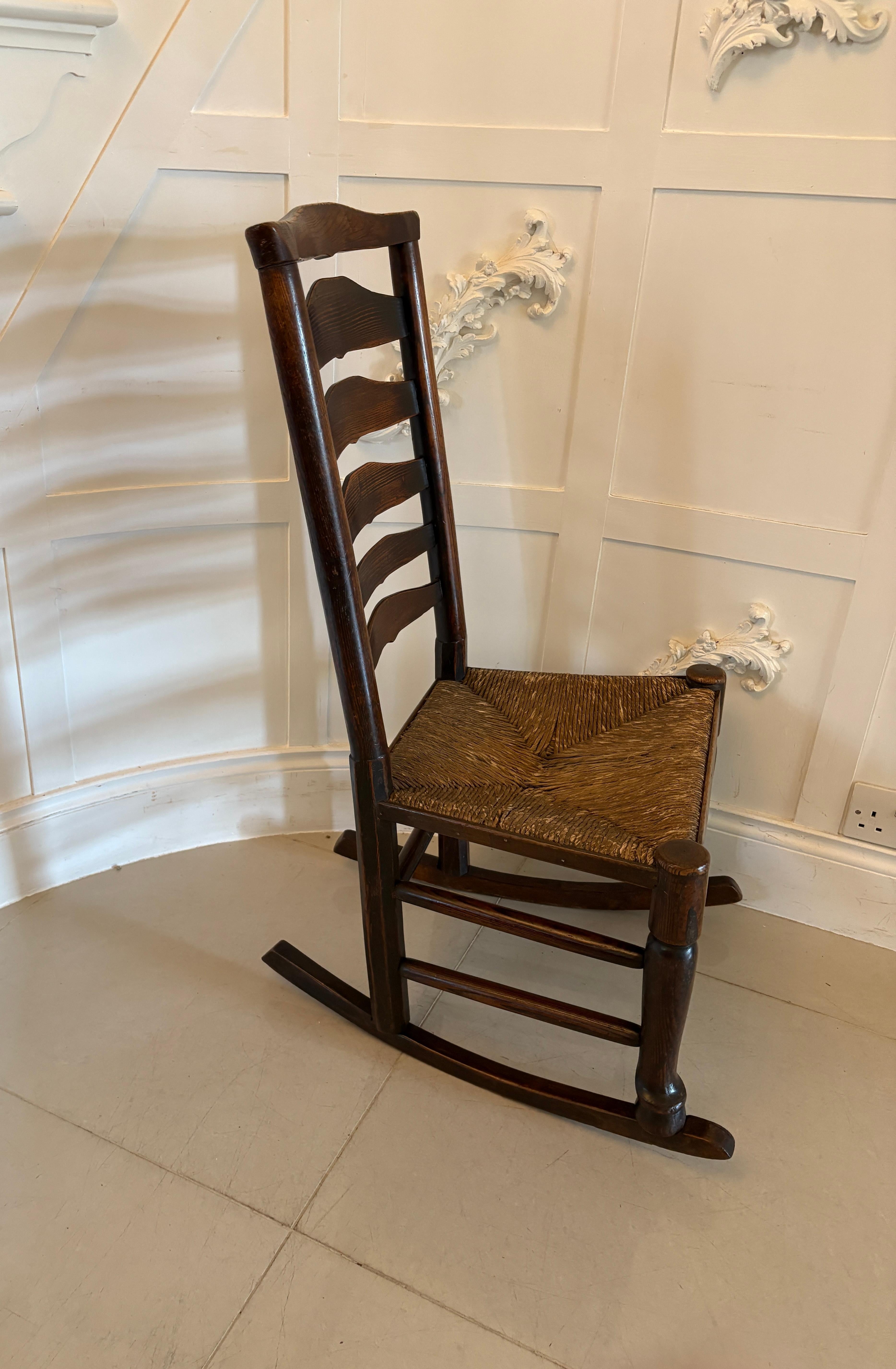 English Unusual 18th Century Antique Oak Ladder Back Rocking Chair For Sale