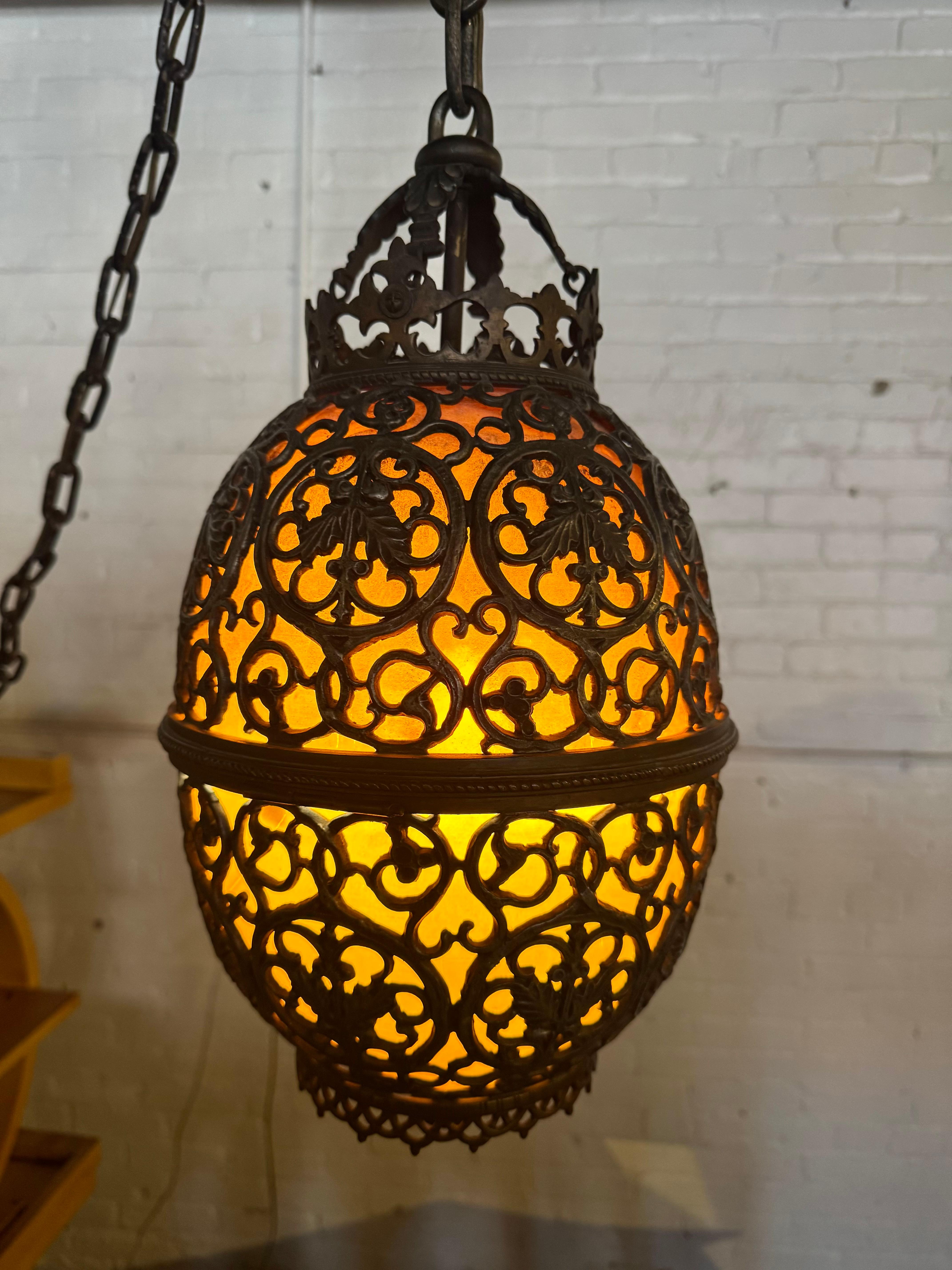 American Unusual 1920's Bronze and Glass Pendant attributed to Oscar Bach / Steuben Glass