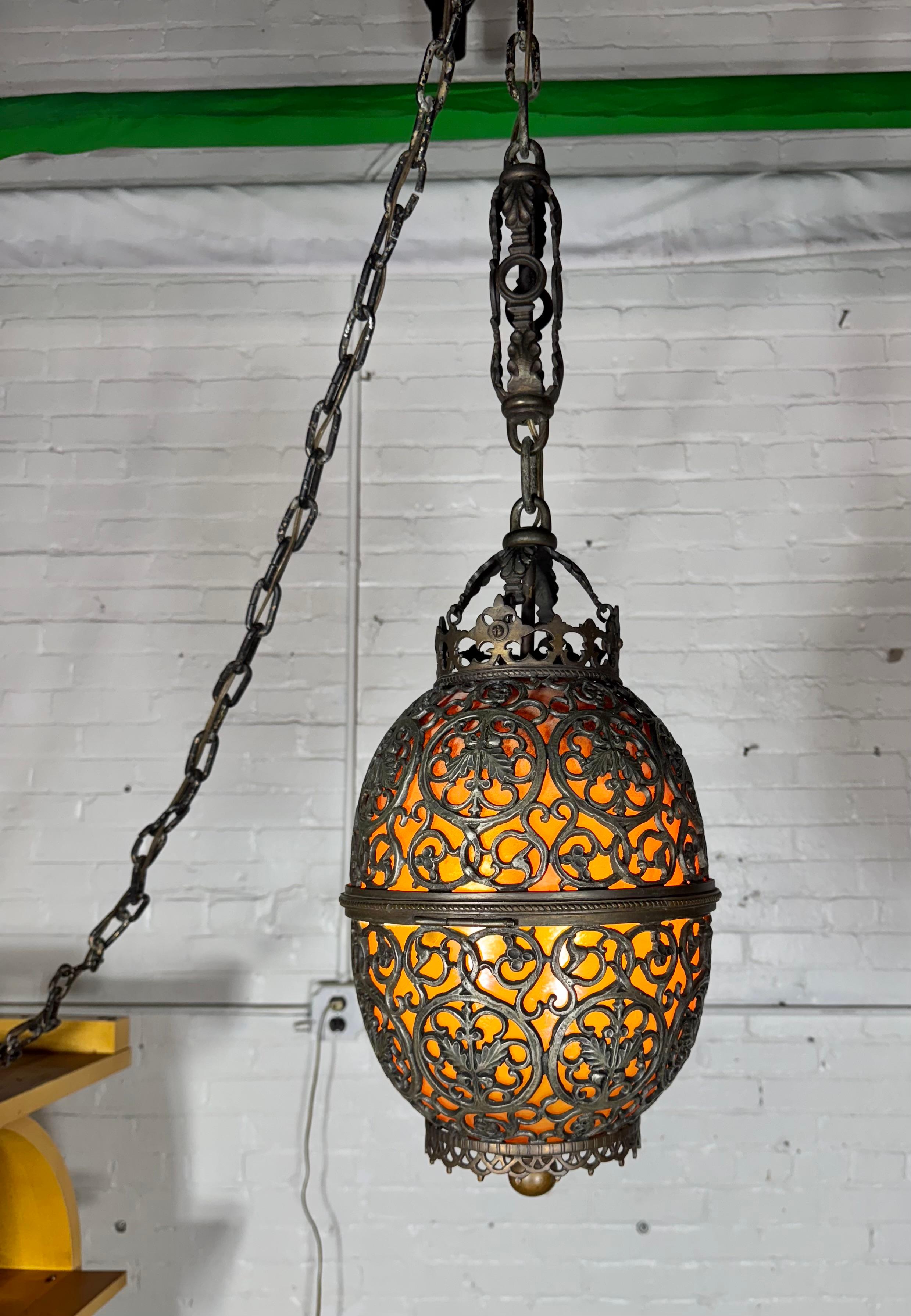 Early 20th Century Unusual 1920's Bronze and Glass Pendant attributed to Oscar Bach / Steuben Glass