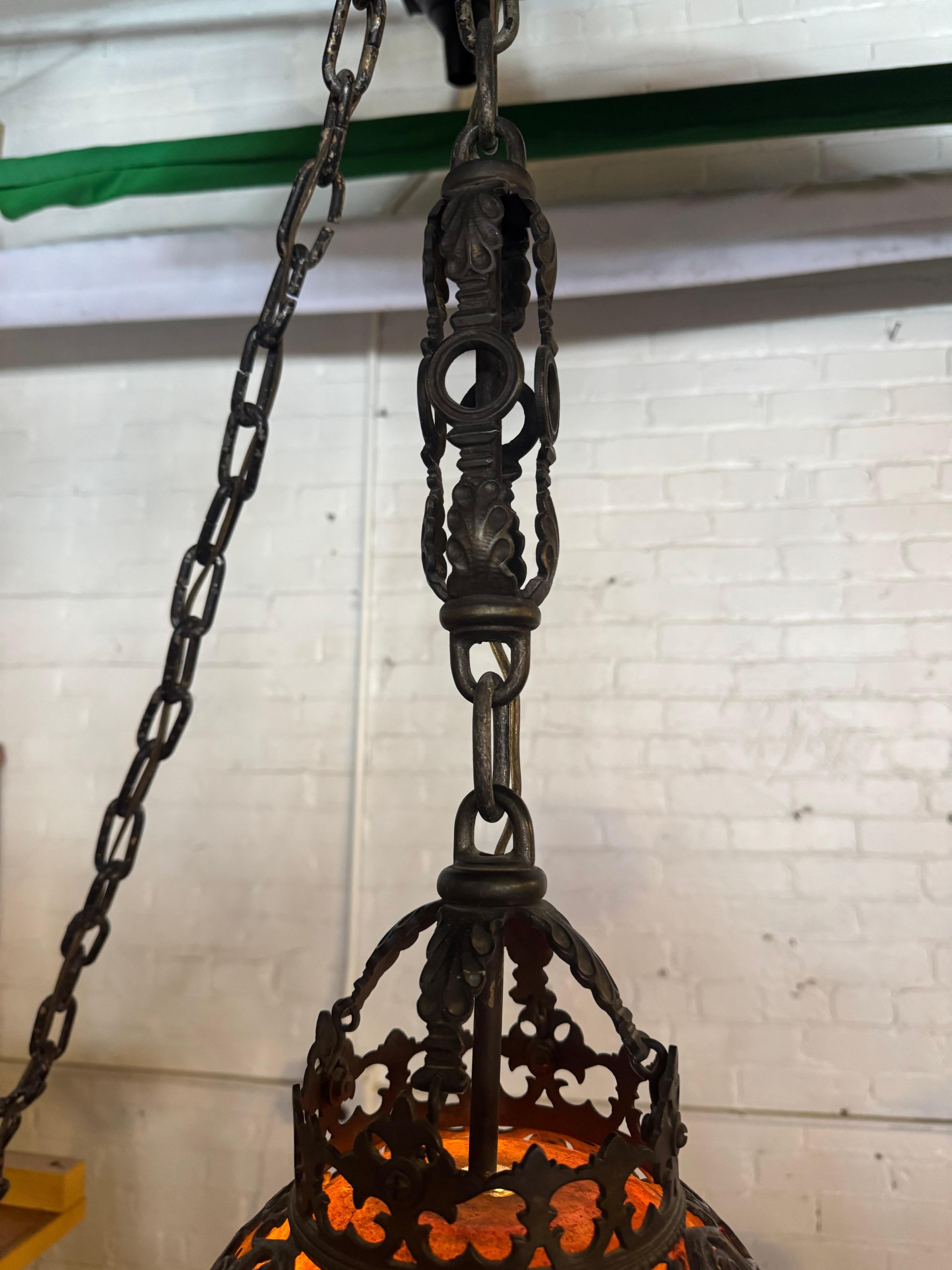Unusual 1920's Bronze and Glass Pendant attributed to Oscar Bach / Steuben Glass 1