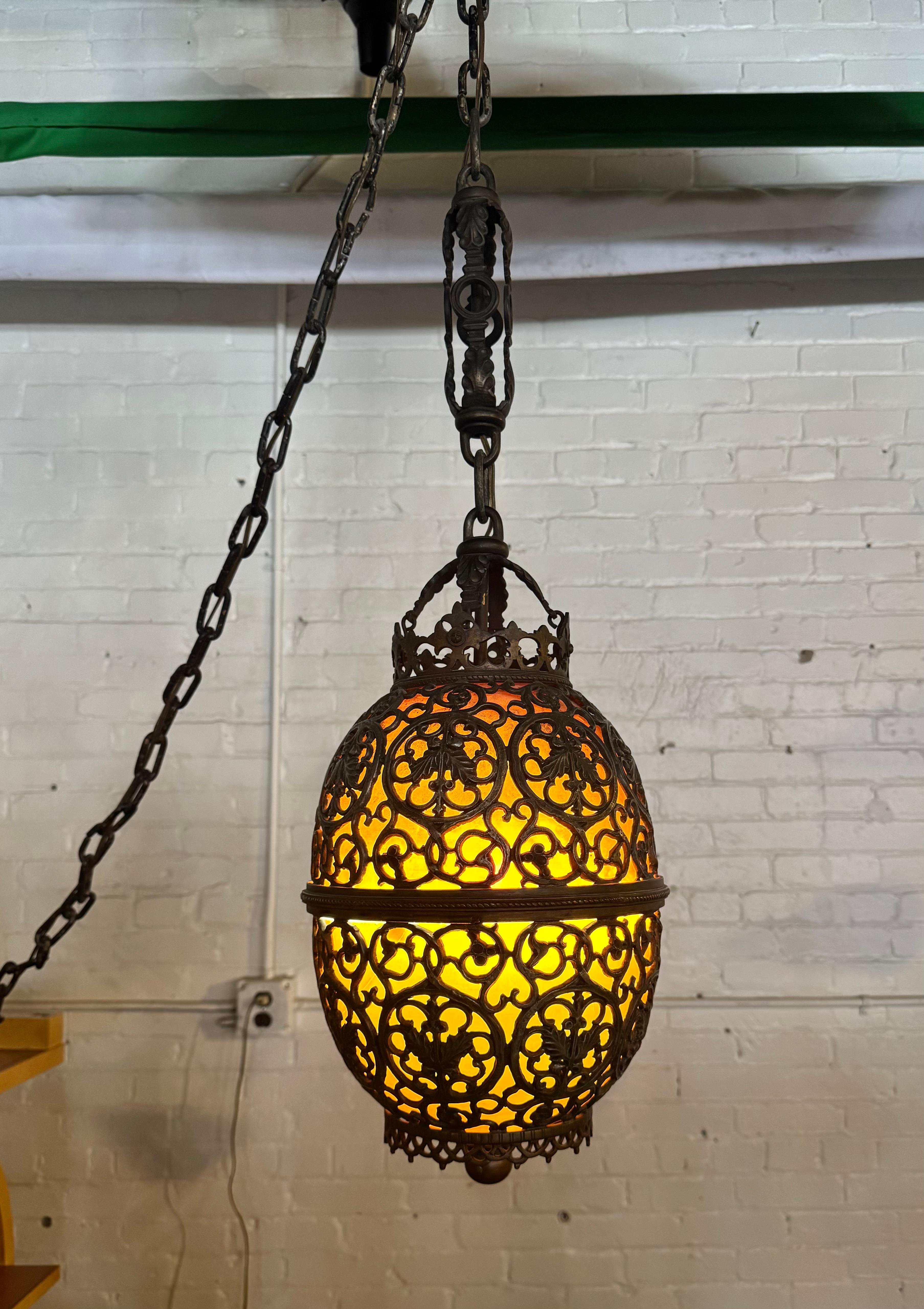 Unusual 1920's Bronze and Glass Pendant attributed to Oscar Bach / Steuben Glass 2