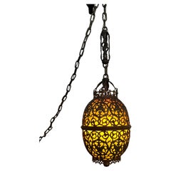 Unusual 1920's Bronze and Glass Pendant attributed to Oscar Bach / Steuben Glass