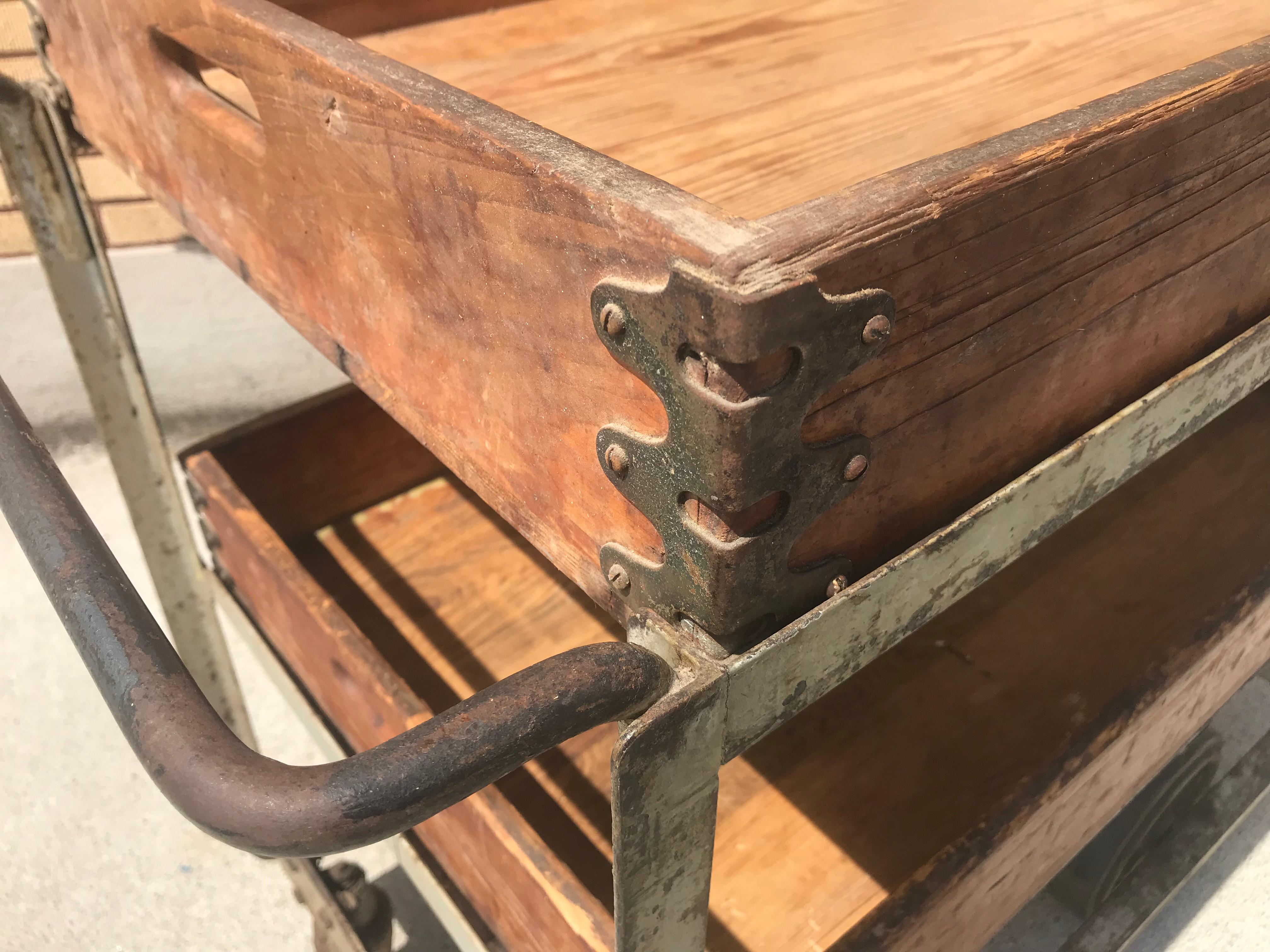 American Unusual 1920s Industrial Cast Iron and Wood Bar Cart/ Trolly, Nutting Truck Co.