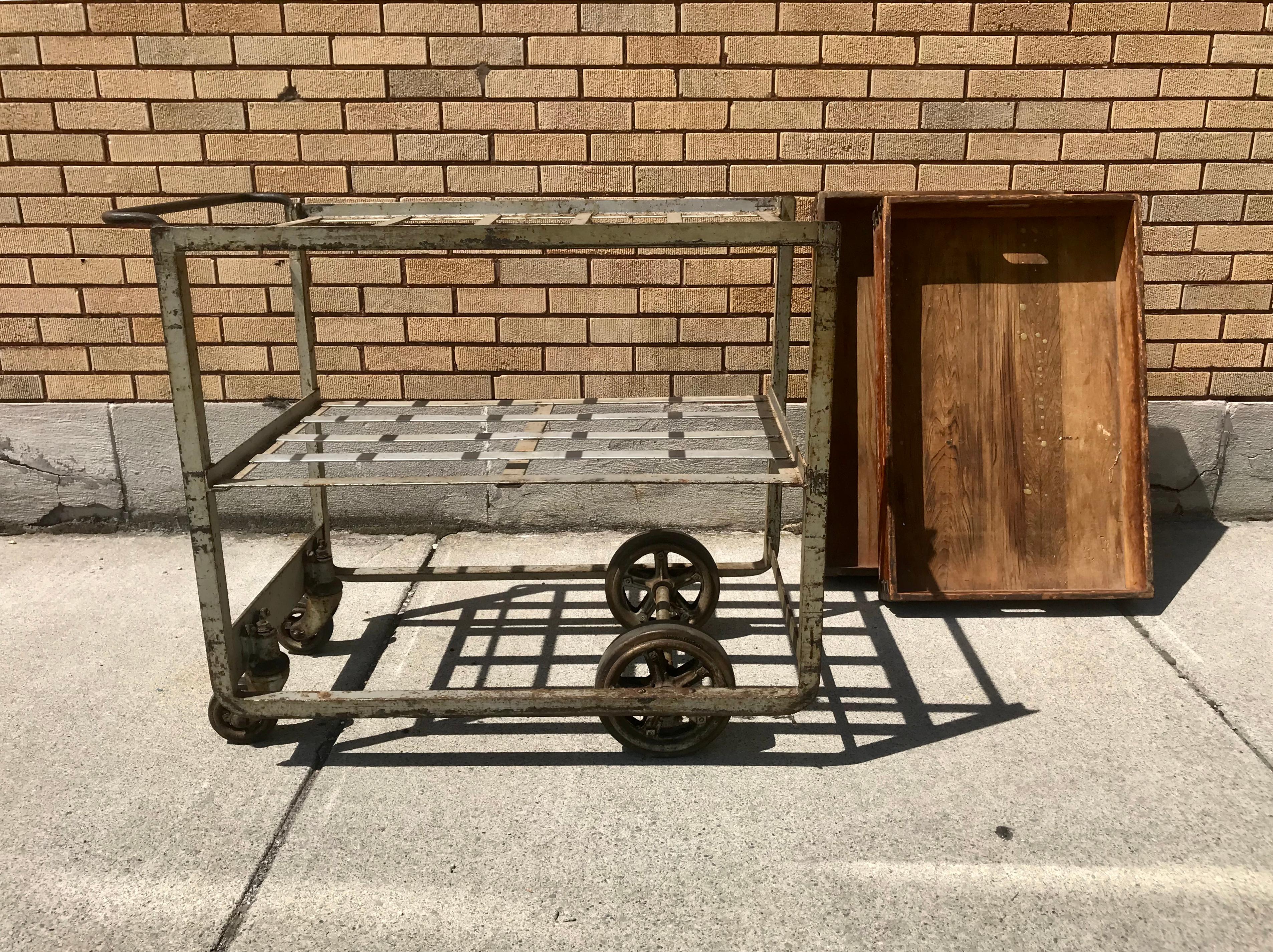 Unusual 1920s Industrial Cast Iron and Wood Bar Cart/ Trolly, Nutting Truck Co. In Distressed Condition In Buffalo, NY