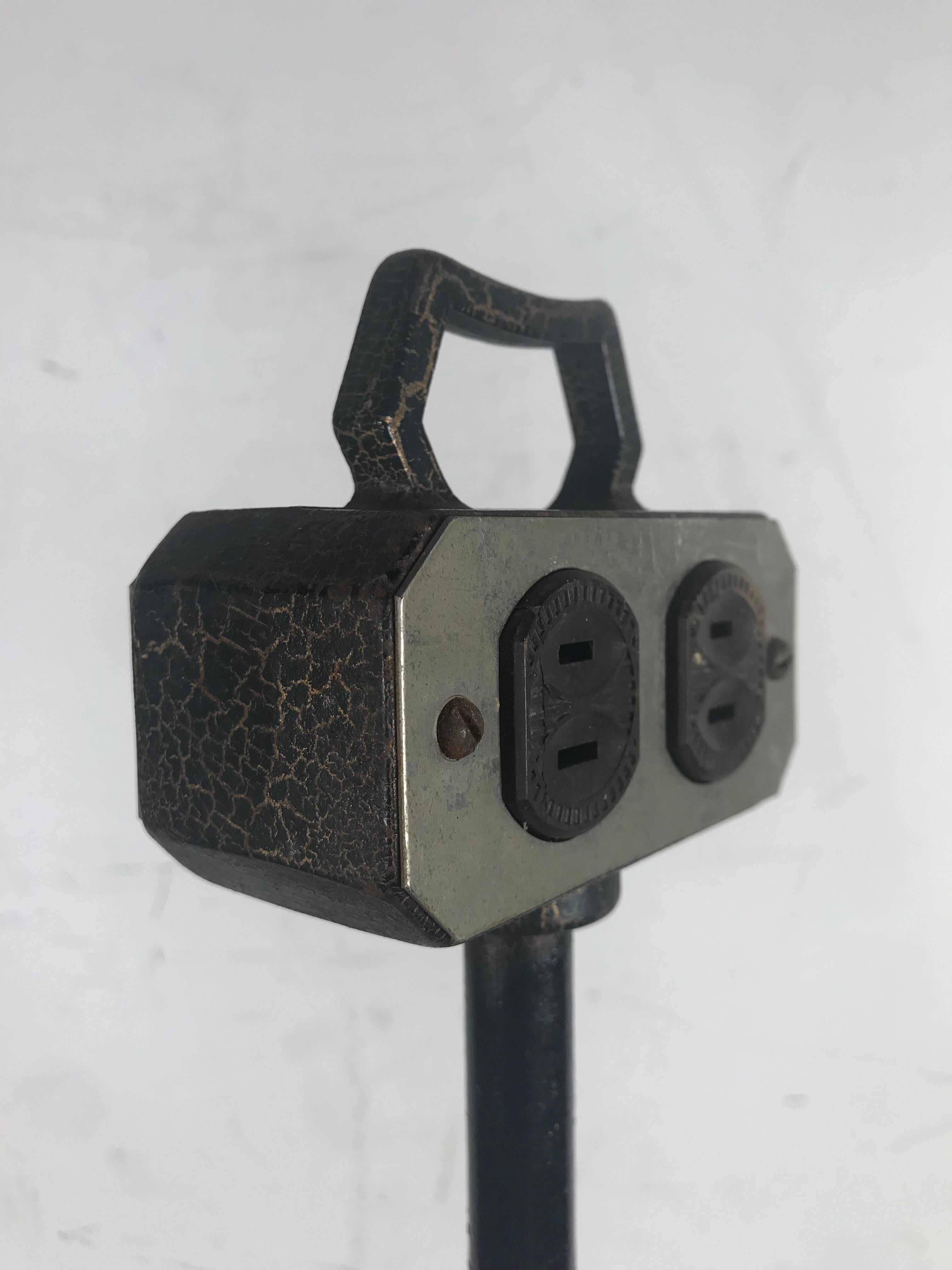 Unusual 1920s standing Art Deco cast iron four outlet extension cord, quirky little item, early electrical, amazing crackle finish metal, double-sided sockets, Art Deco designed cast iron base.