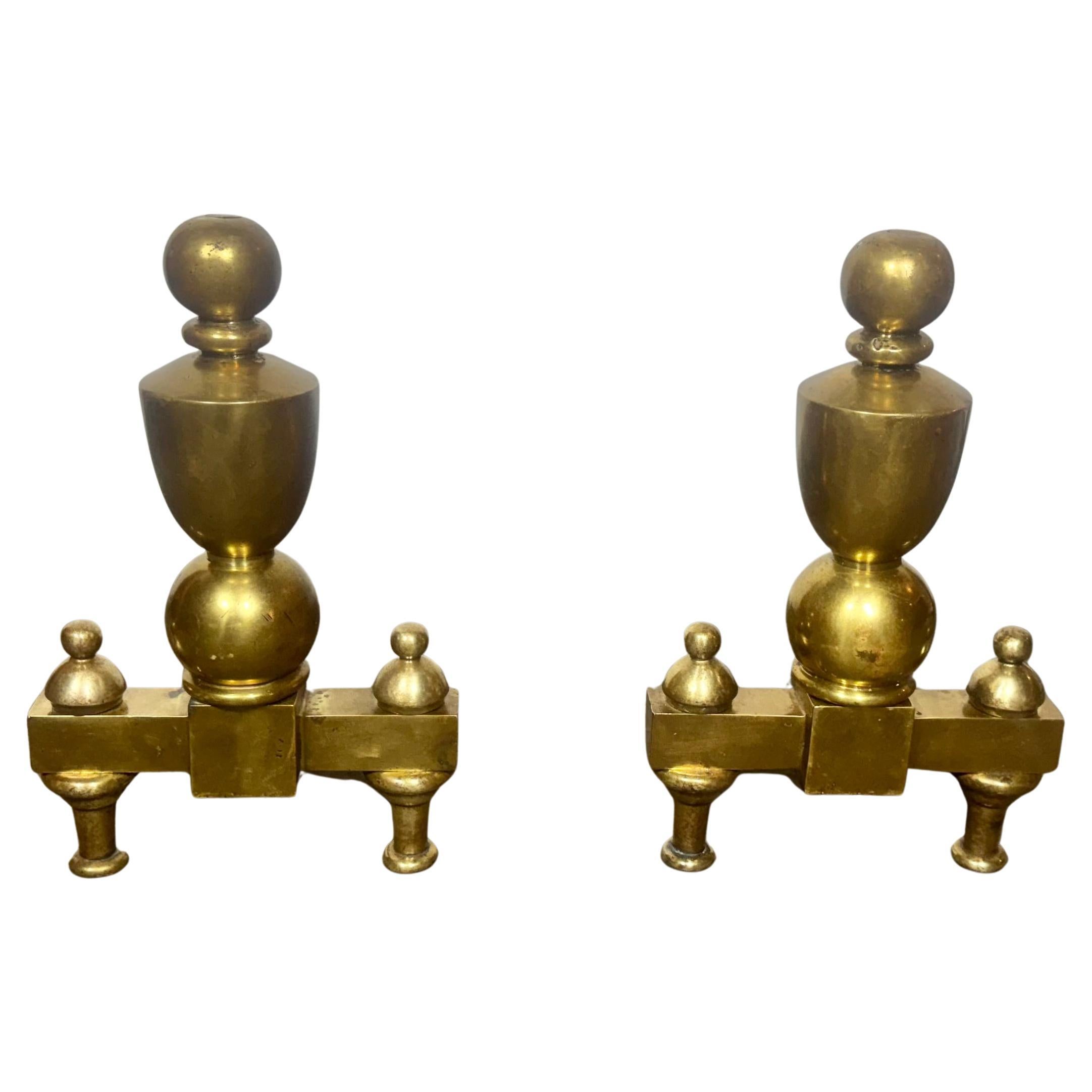 Unusual 1940s Modernist Bronze Andirons after Gio Ponti / Robsjohn Gibbings