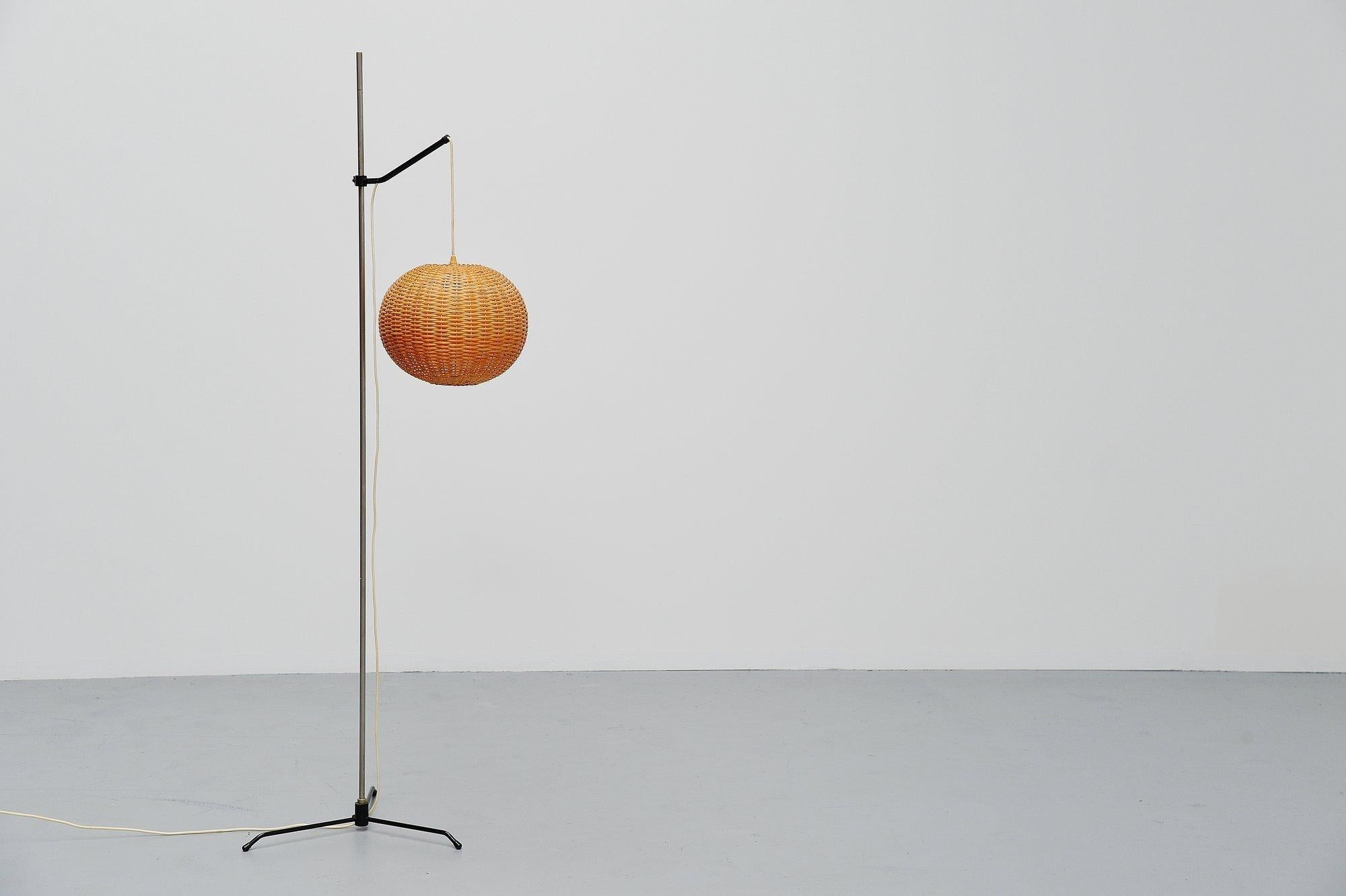 Mid-Century Modern Unusual 1950s Floor Lamp with Cane Shade Holland, 1950