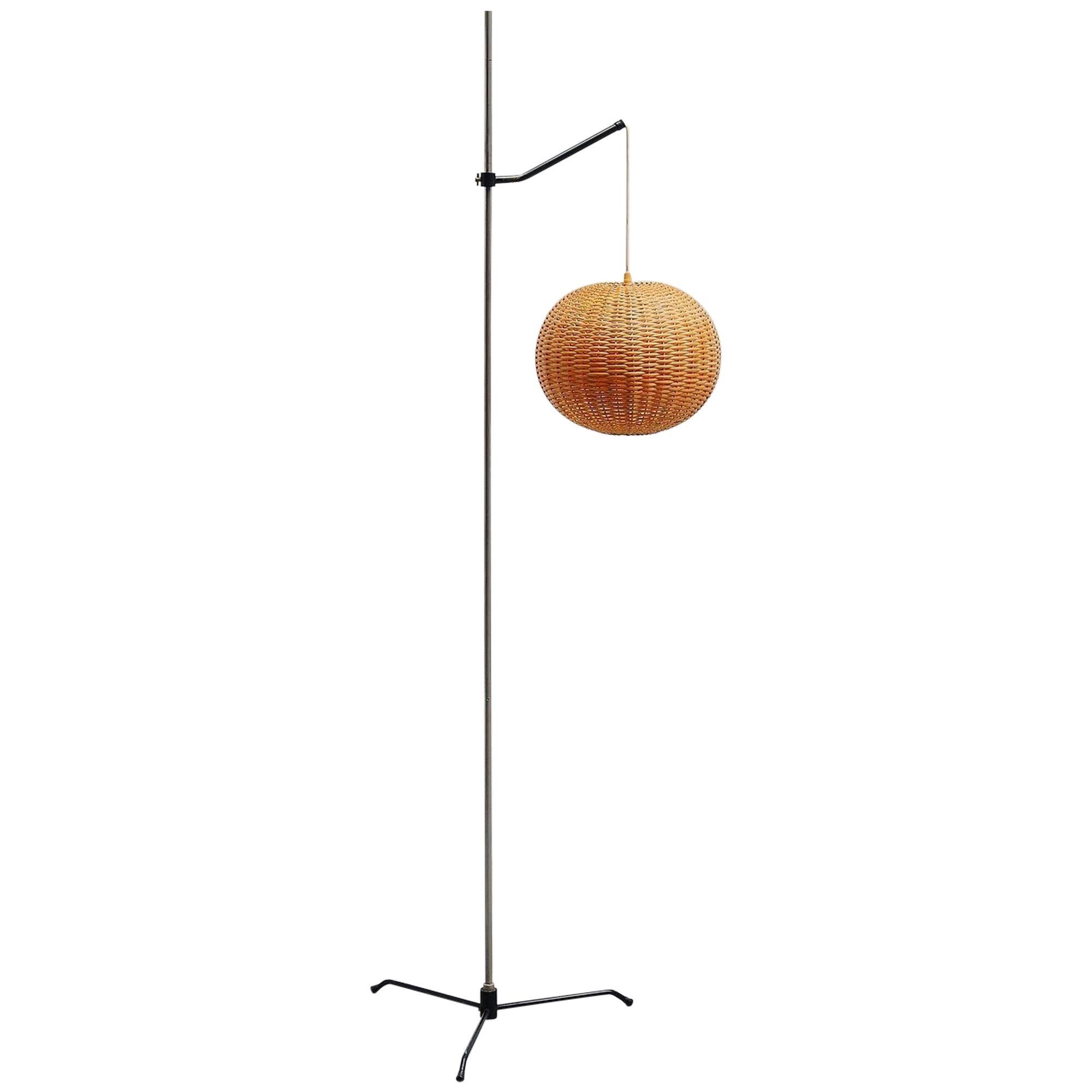 Unusual 1950s Floor Lamp with Cane Shade Holland, 1950