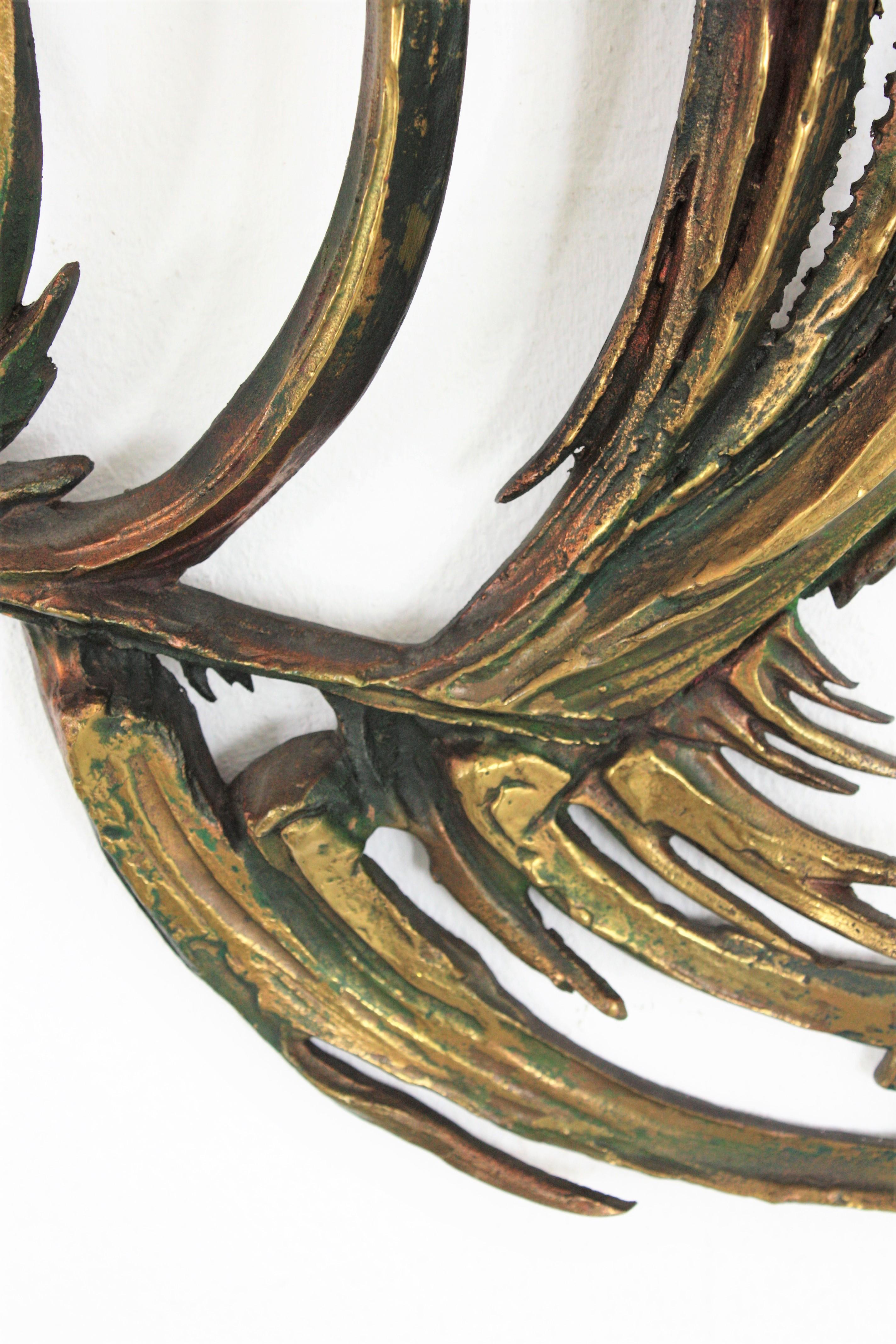 Metal Brutalist Brass & Bronze Piranha Fish Wall Clock Sculpture, France, 1950s