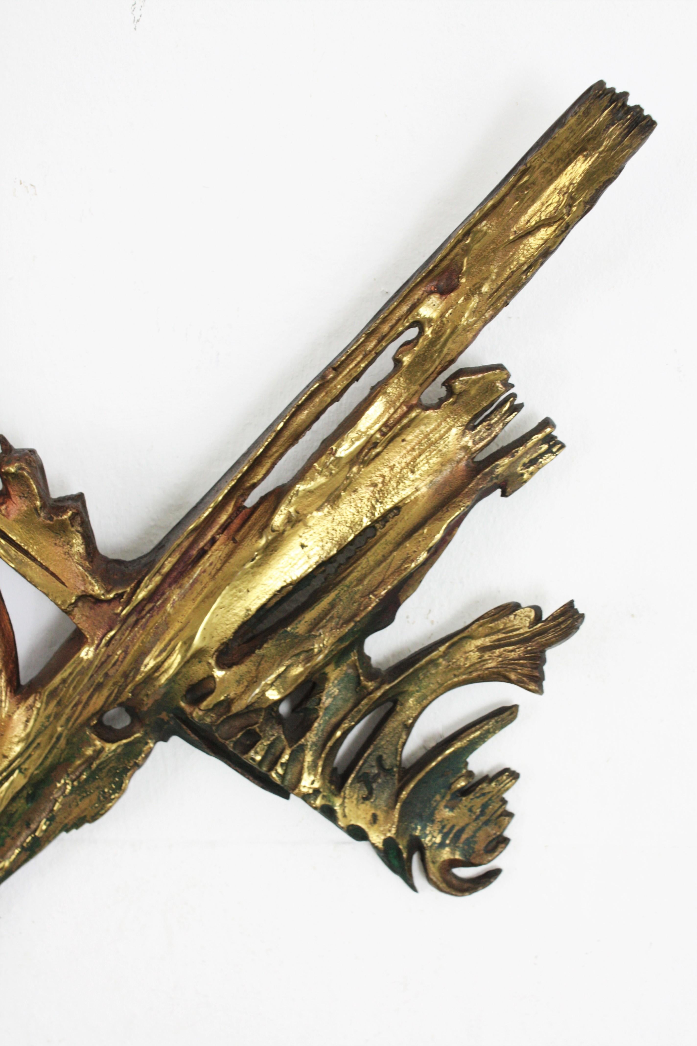 Brutalist Brass & Bronze Piranha Fish Wall Clock Sculpture, France, 1950s 2