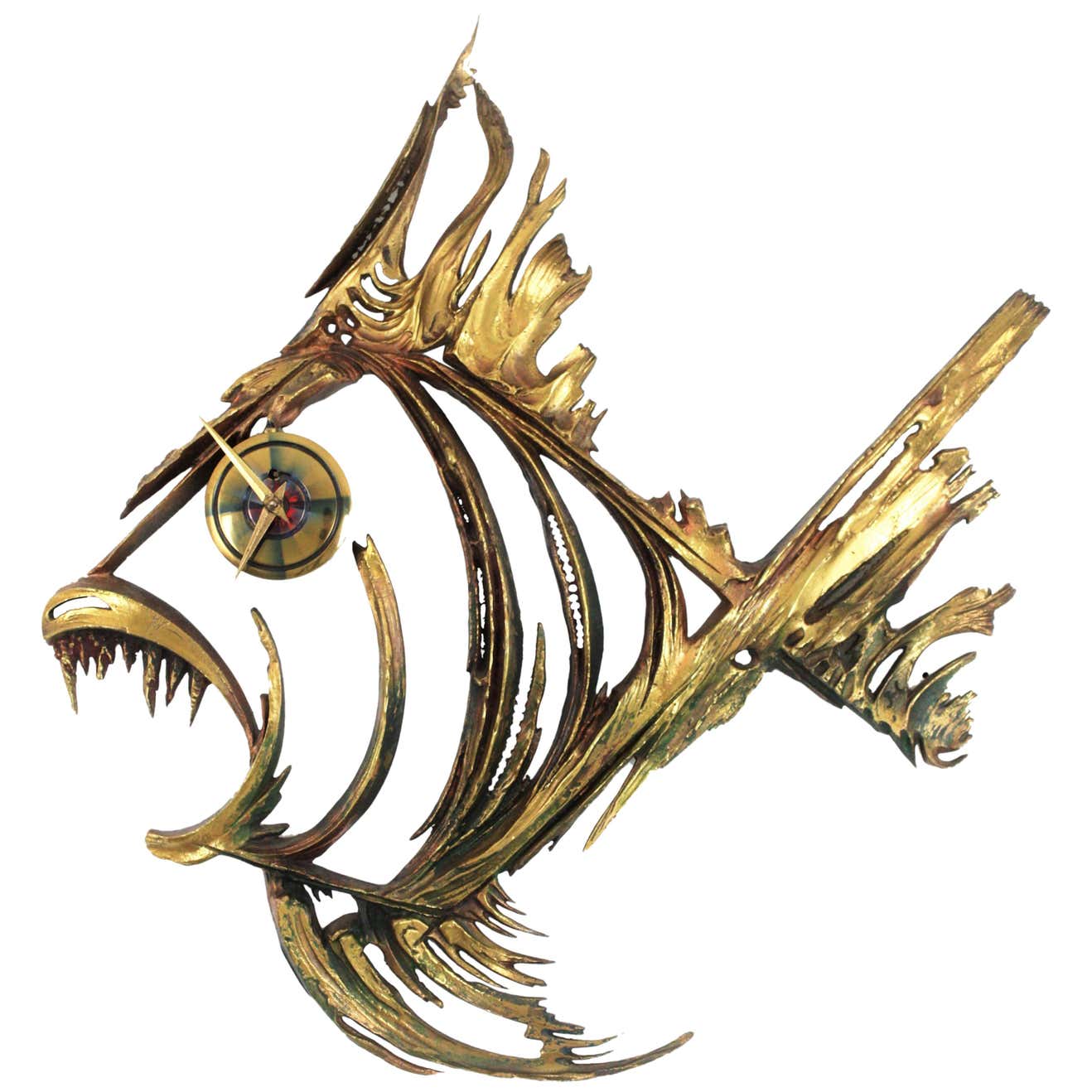 Brutalist Brass and Bronze Piranha Fish Wall Clock Sculpture, France ...