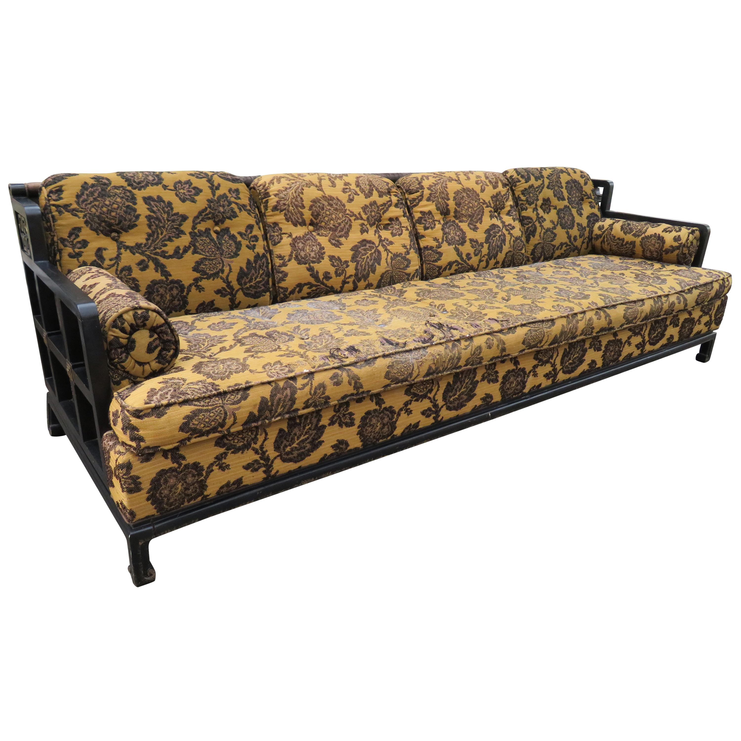 Unusual 1970s Asian James Mont style Black Lacquered Sofa Midcentury Chinoiserie