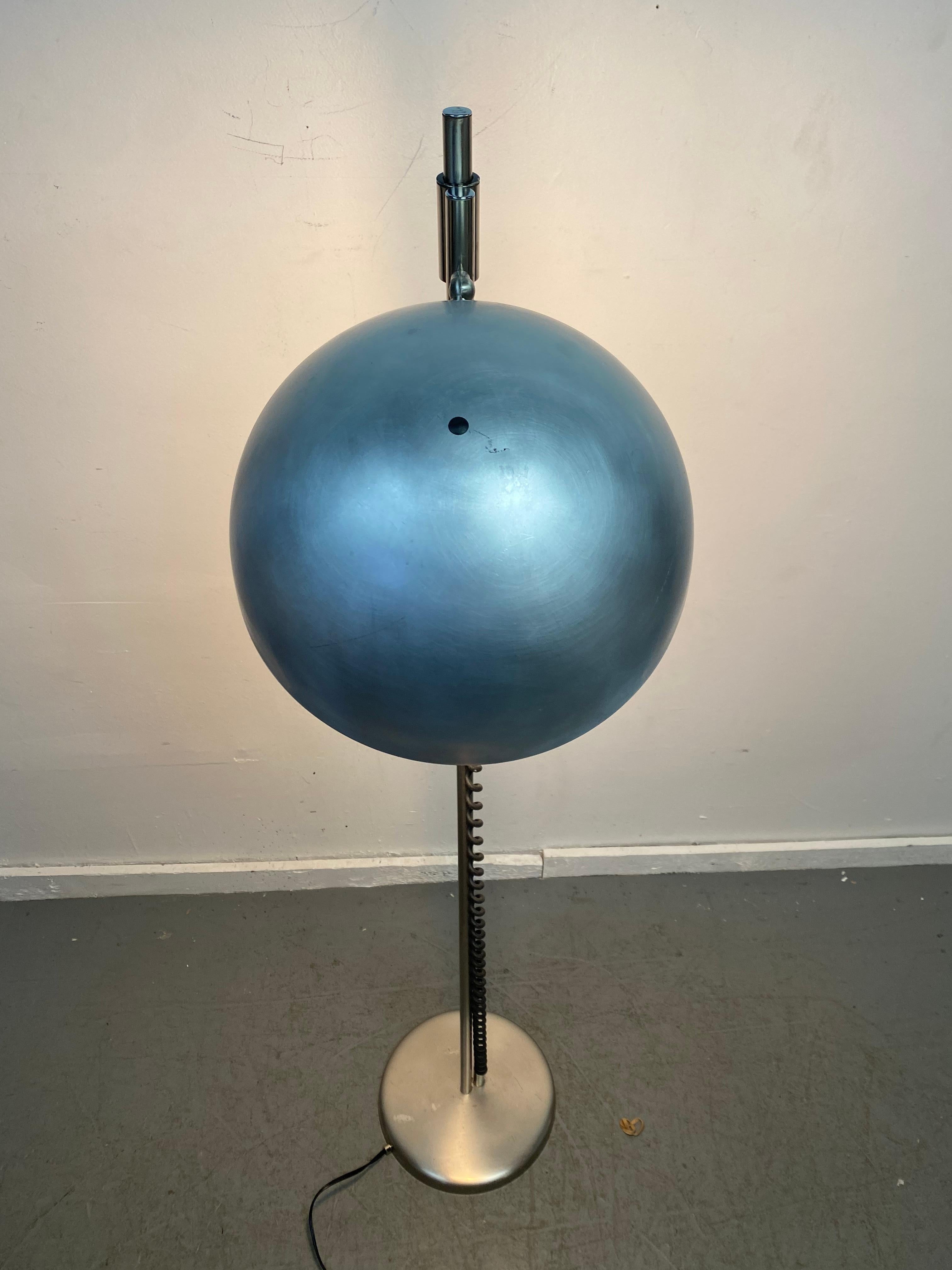 Industrial Unusual 1970s Bauhaus Inspired Adjustable Floor Lamp, Spun Aluminum Shade For Sale